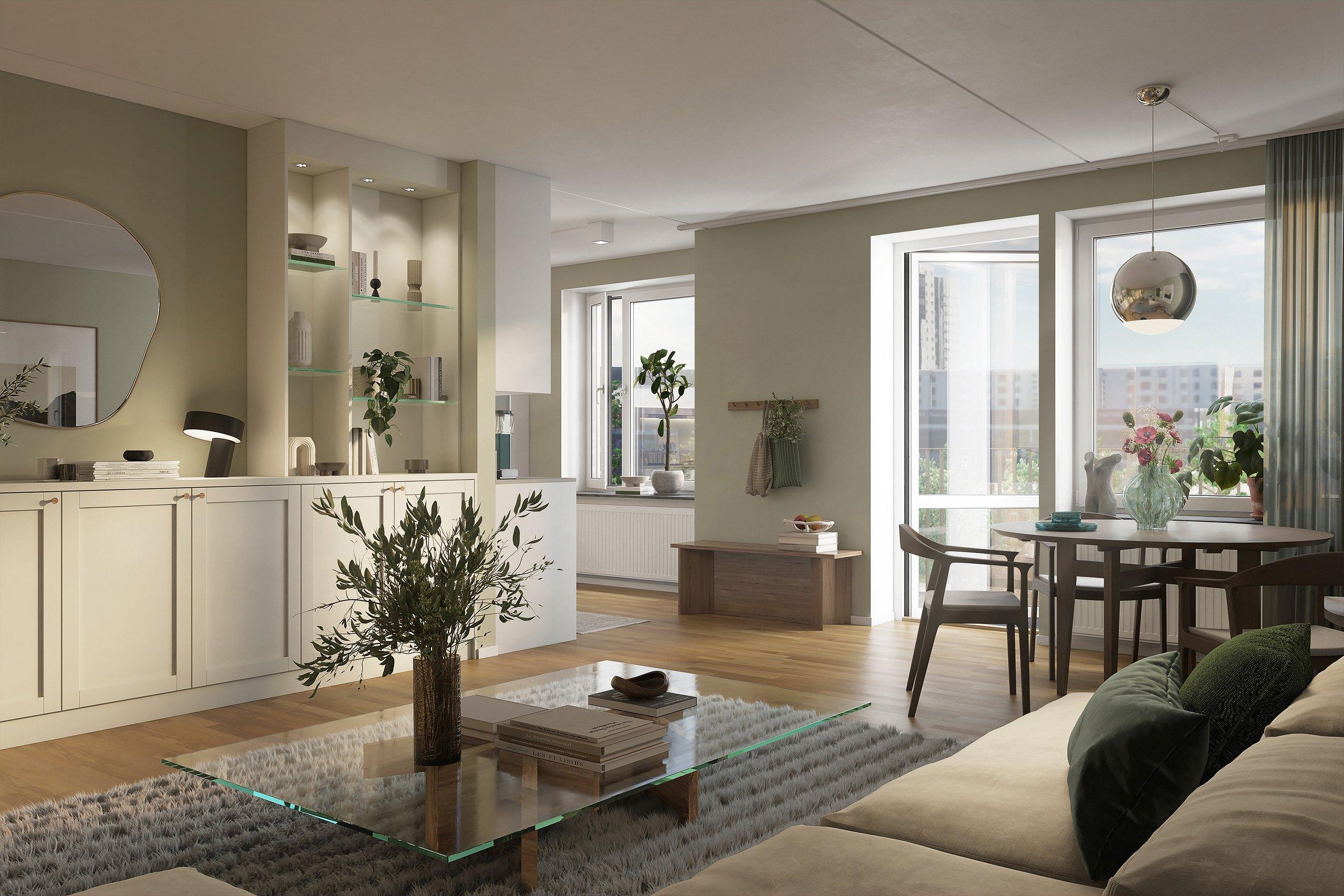 Vattentornet Östra består av ljusa, moderna bostäder med öppen planlösning som skapar rymd och utrymme för umgänge (visionsbild).
