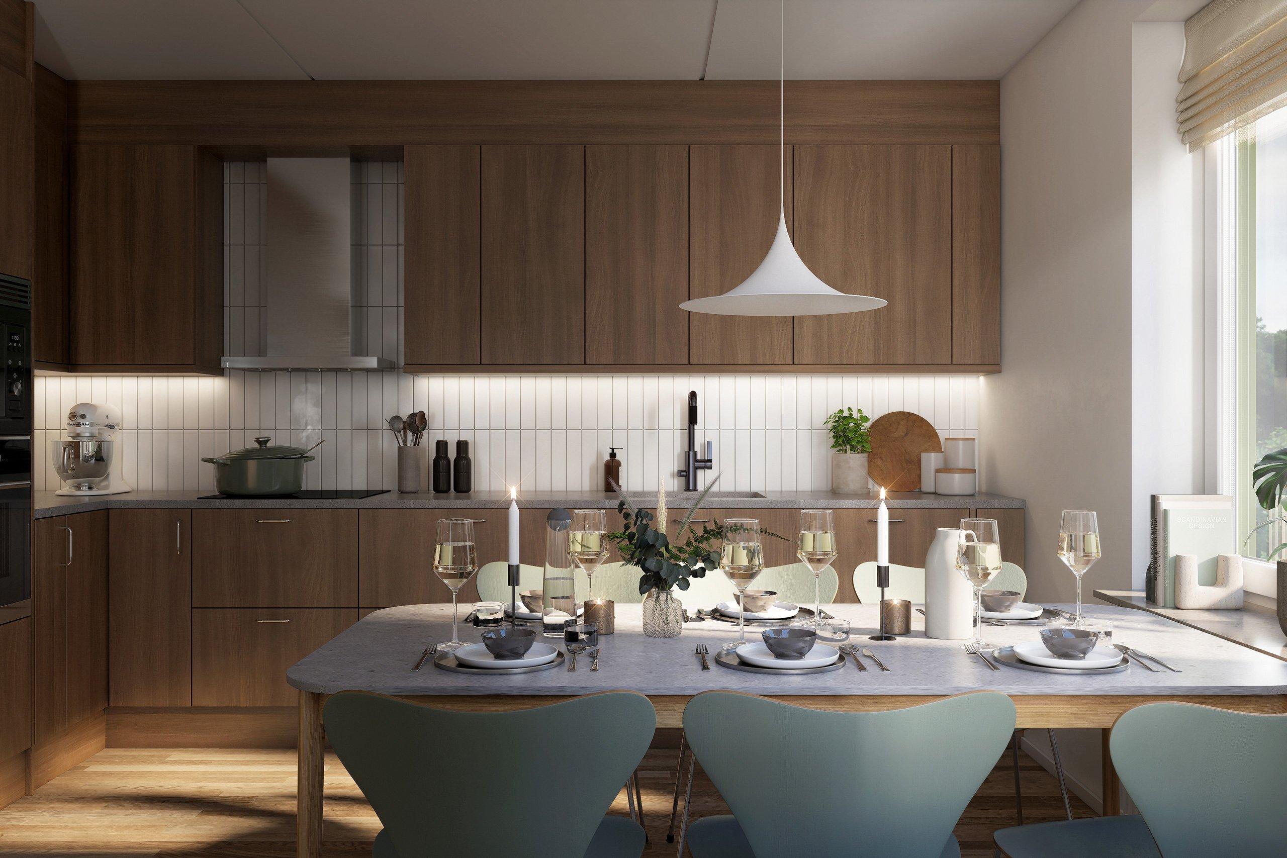 Visionsbild av kök i Mälarvyn. Köket på bild är ett tillval.