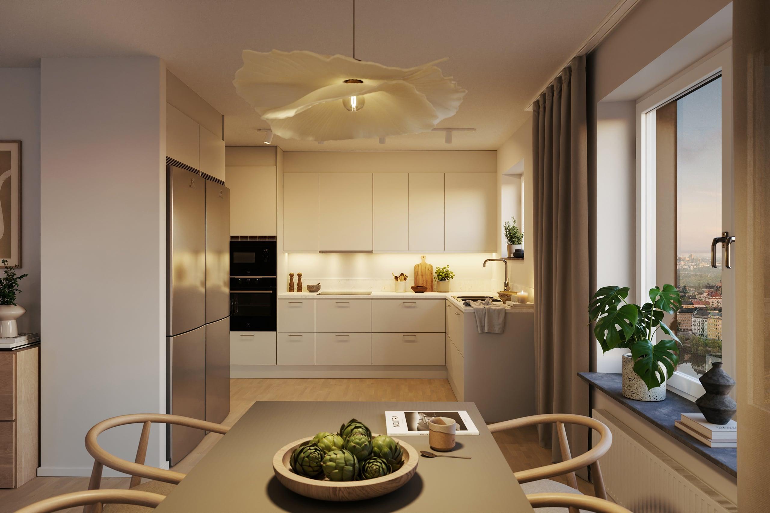 Köksdesignen är stilren med släta luckor och bänkskiva samt bakkantslist i kompositsten (visionsbild).