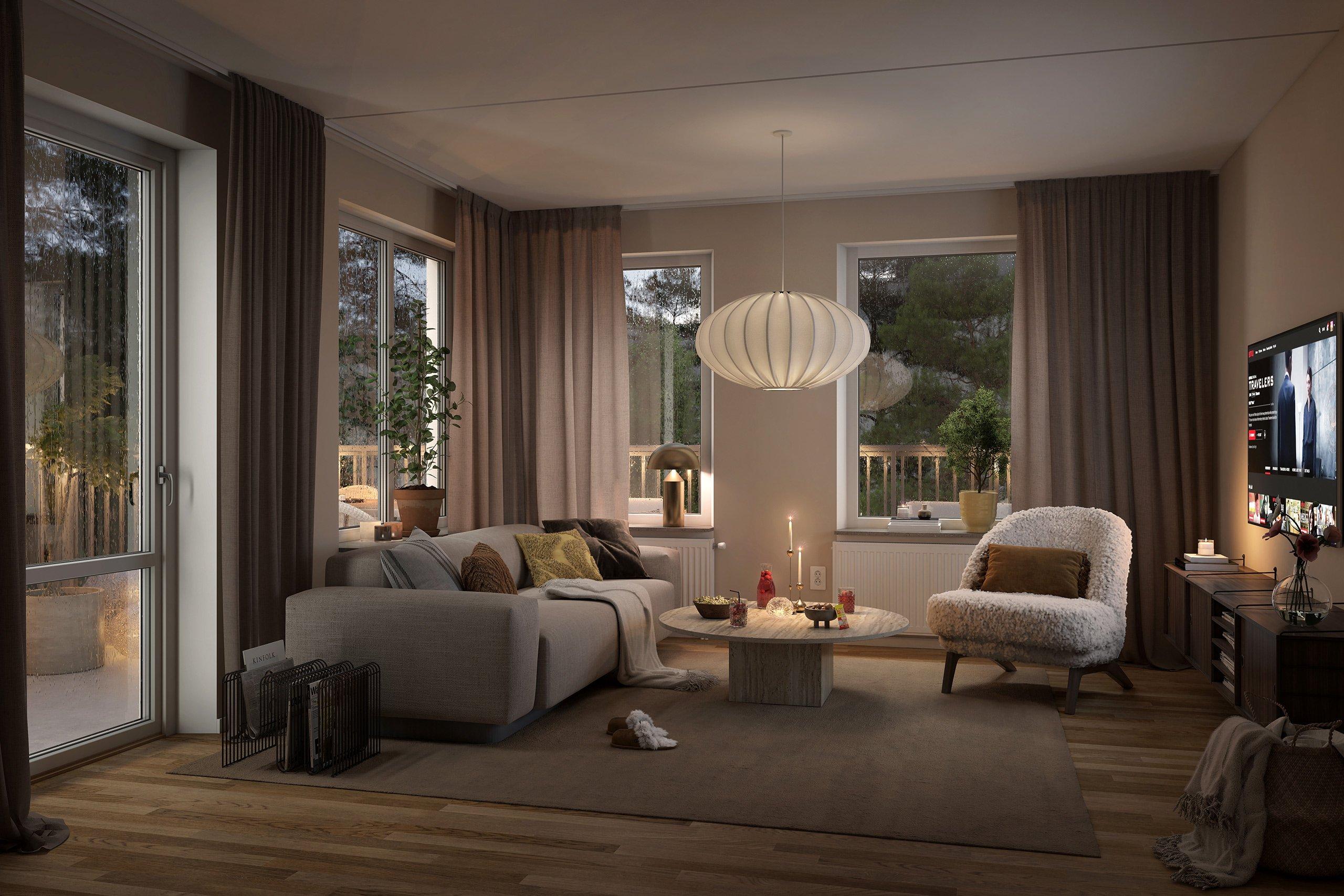 Det mysiga vardagsrummet bjuder in till avkoppling och samvaro. Generösa fönster och öppna sociala ytor ger härligt ljusinsläpp och rymd (visionsbild).