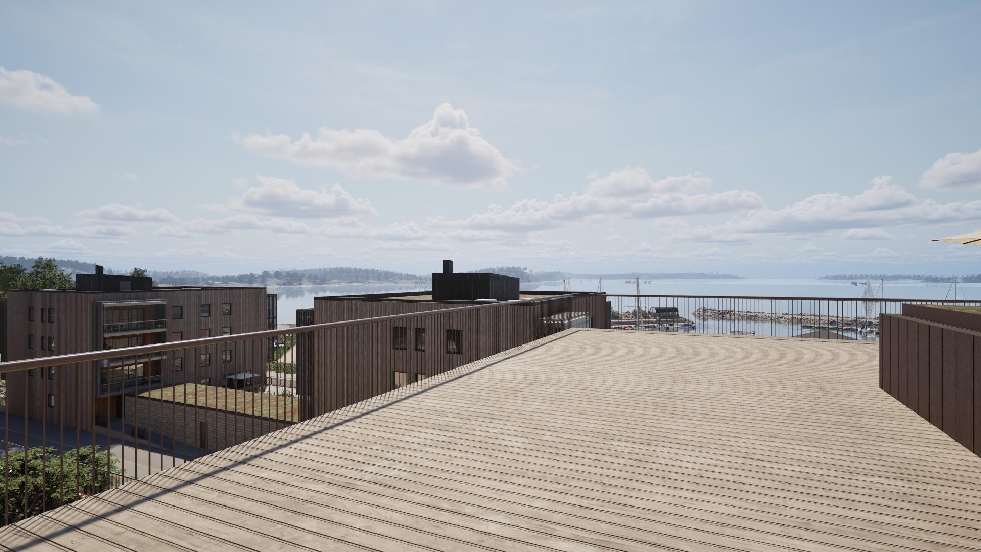 Från takterrassen har du havsutsikt (visionsbild).