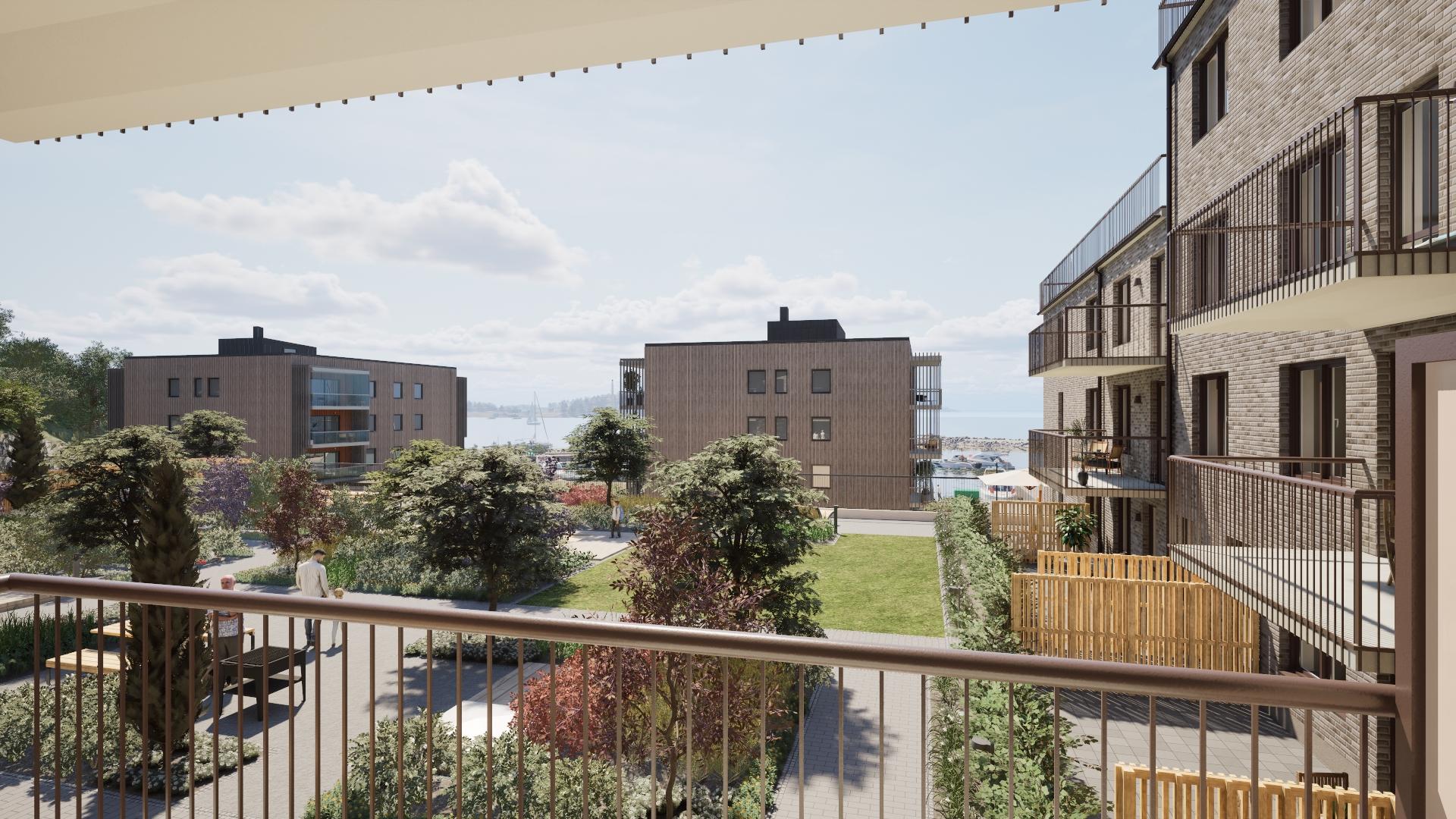 Utsikt från balkongen mot innergården och havet (visionsbild).