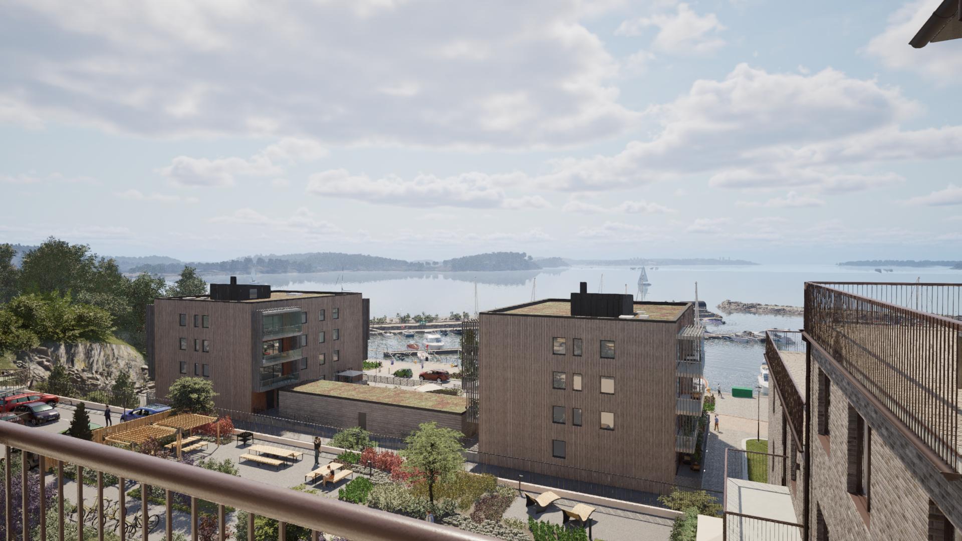 Utsikt från balkongen mot innergården och havet (visionsbild).