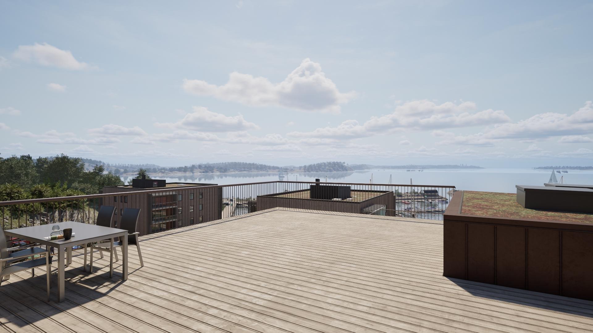 Från takterrassen har du havsutsikt (visionsbild).