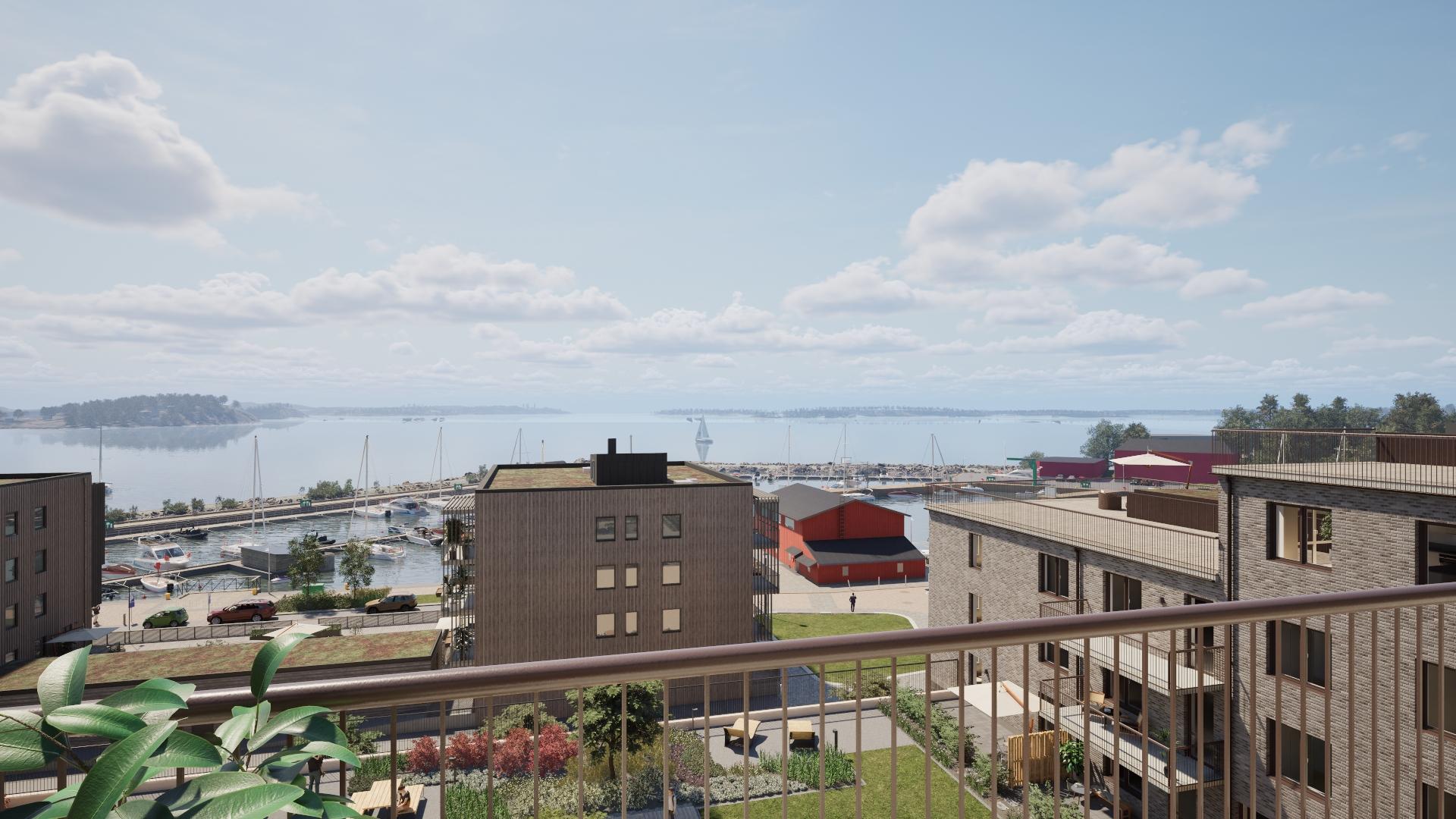 Utsikt från balkongen mot gården och havet (visionsbild).