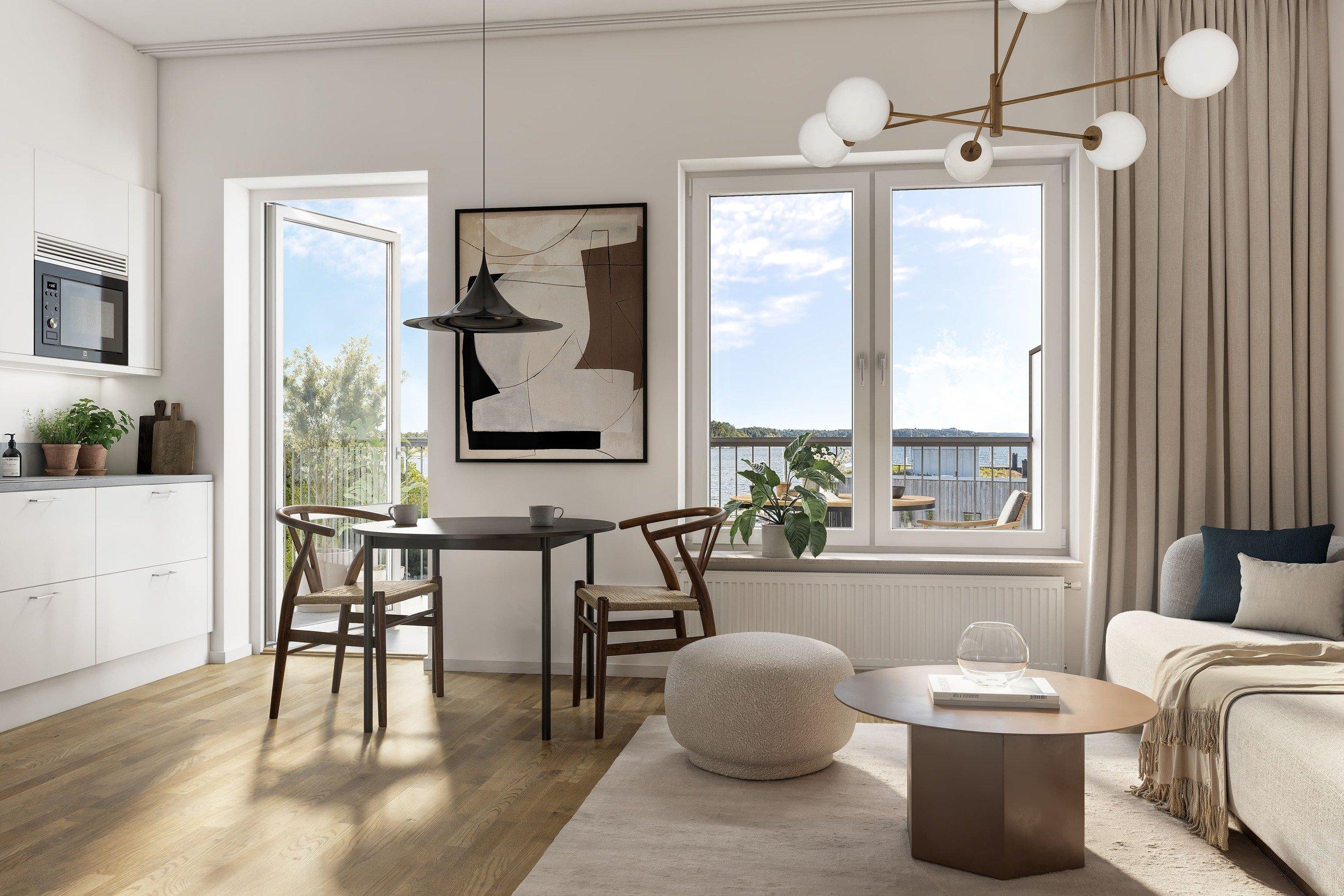 Bostäderna är välplanerade och ljusa med tidlös inredning (visionsbild).