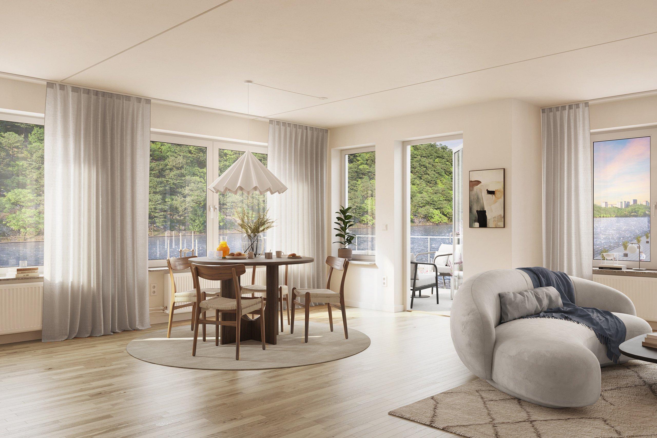 Inredningen i Kvarnholmens Brygga karaktäriseras av det vattennära och ljusa läget (visionsbild).