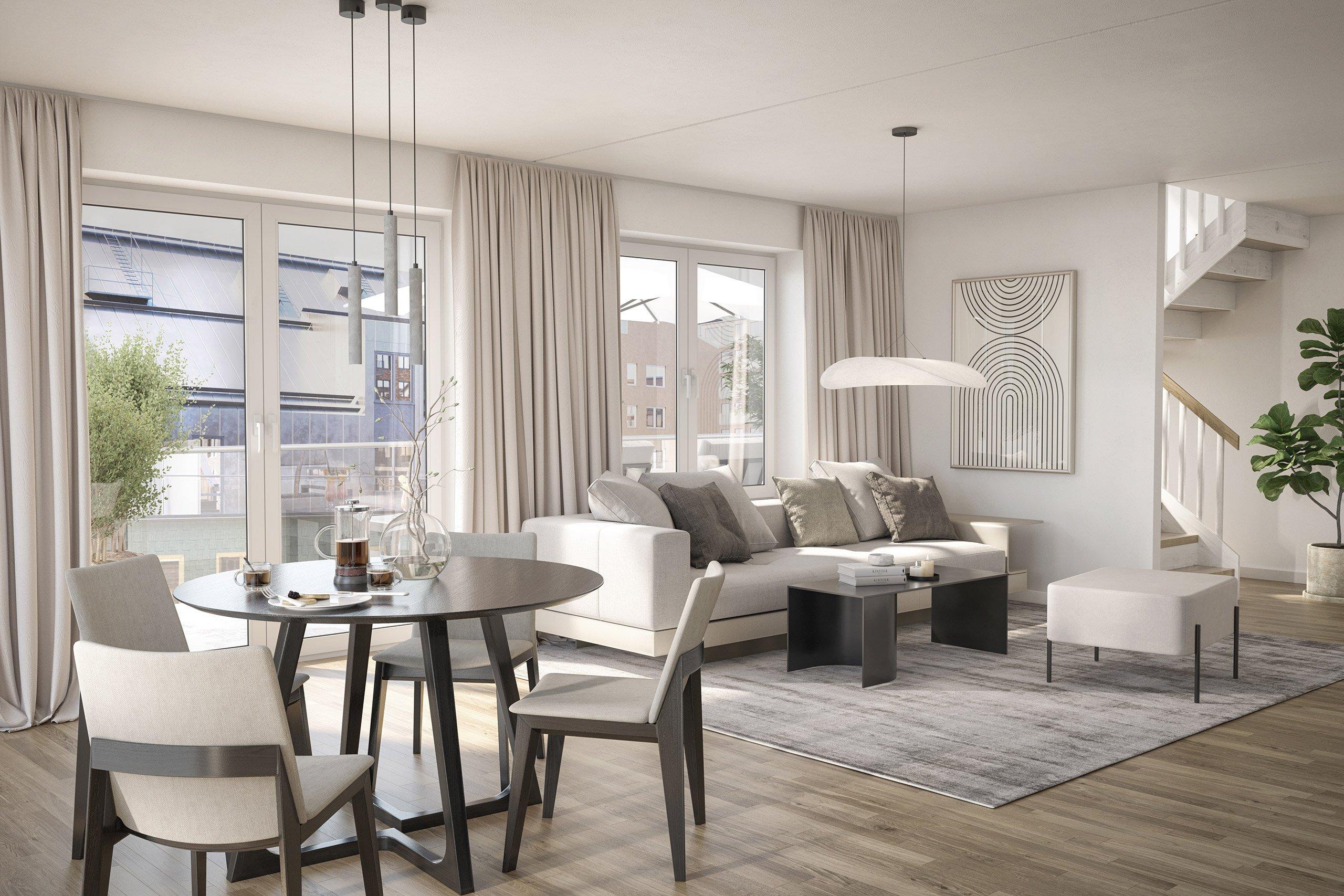 Bostäderna har öppna planlösningar som skapar rymd och generösa fönster sin ger ett vackert ljusinsläpp (visionsbild)
