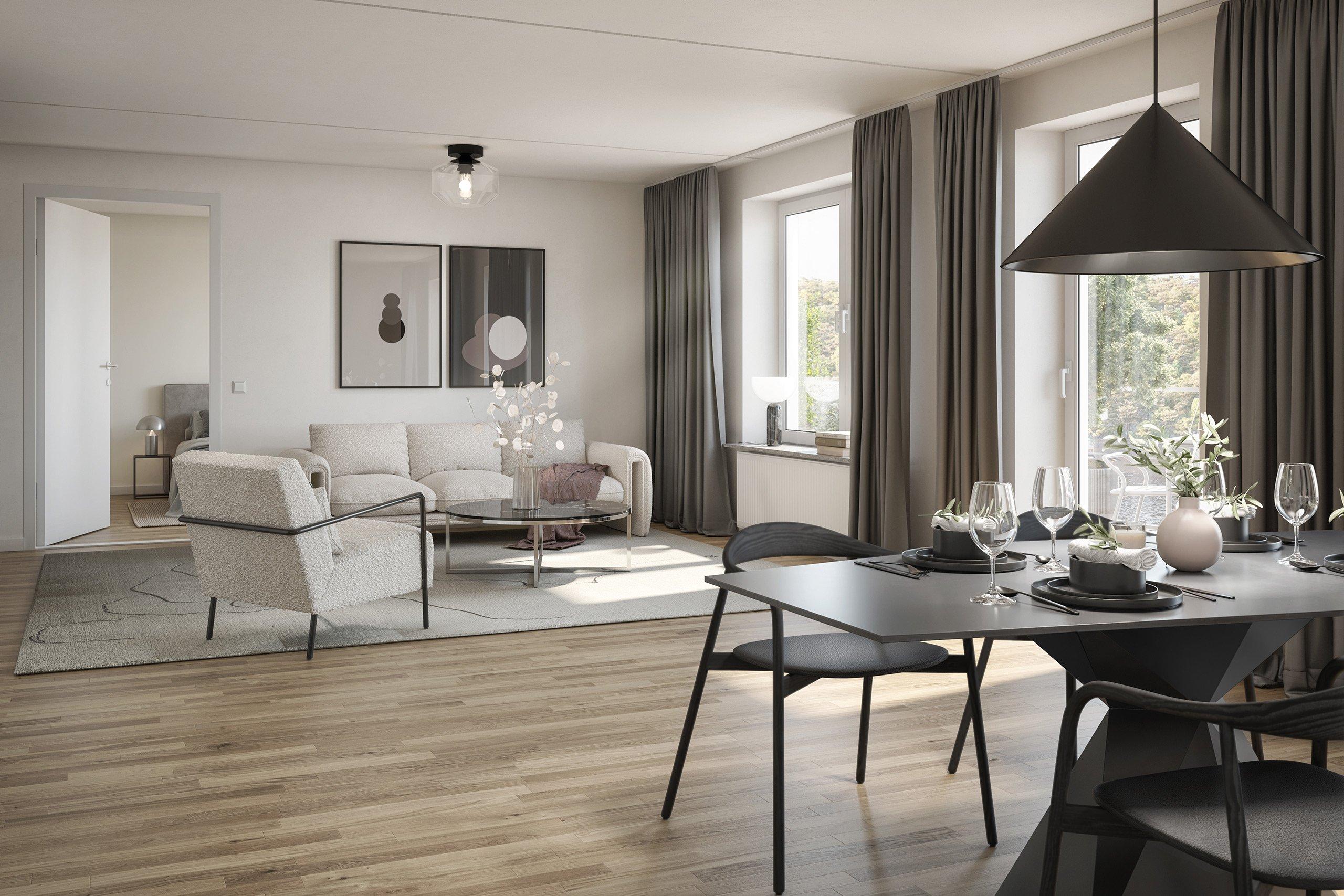 Golv av mattlackad trestavsparkett av ek, vita väggar och fönsterbänkar av natursten skapar en klassisk grund och ger dig möjlighet att sätta din egen prägel på inredningen (visionsbild).