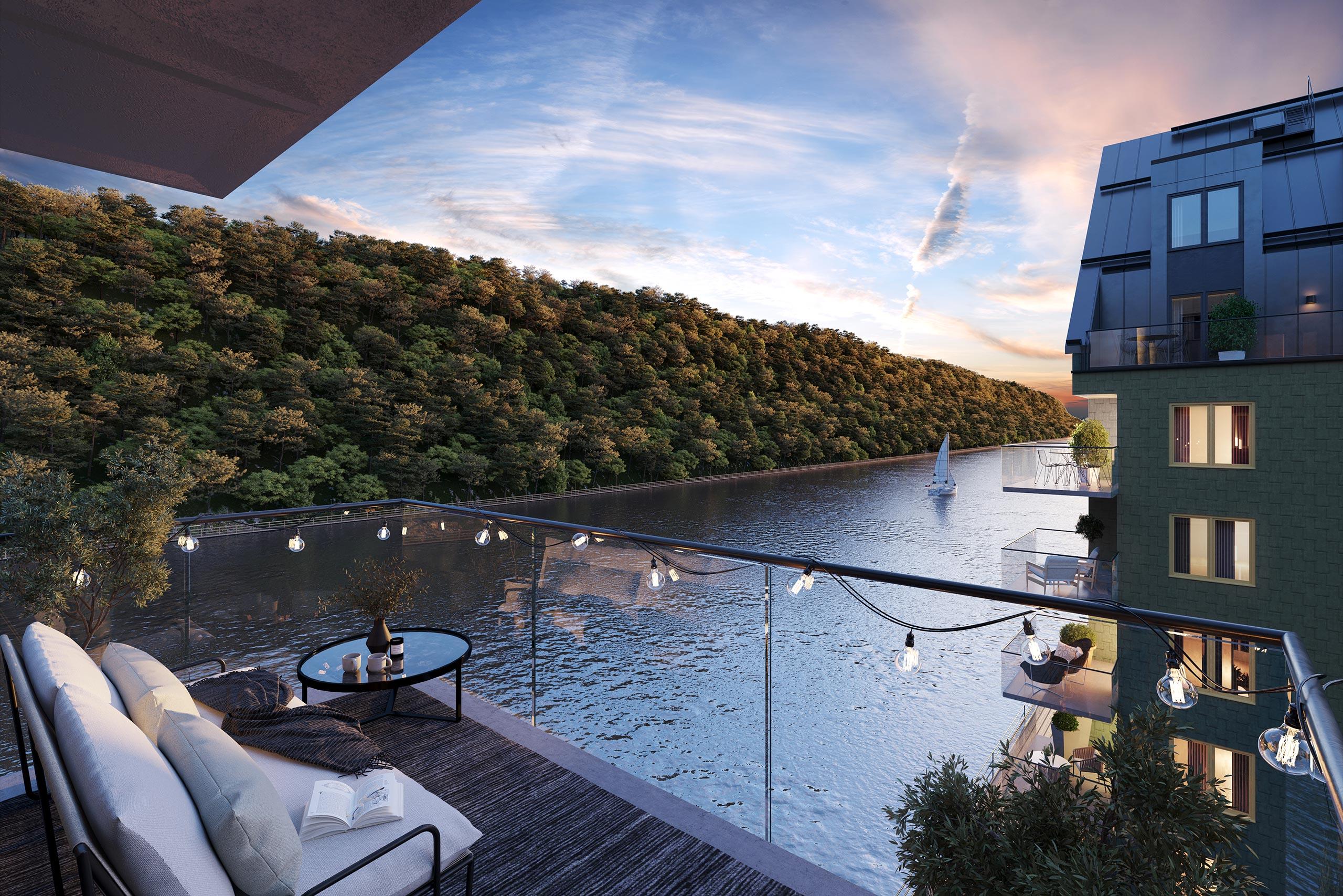 Alla lägenheter får balkong, terrass eller uteplats, varav majoriteten med utsikt över Svindersviken (visionsbild).