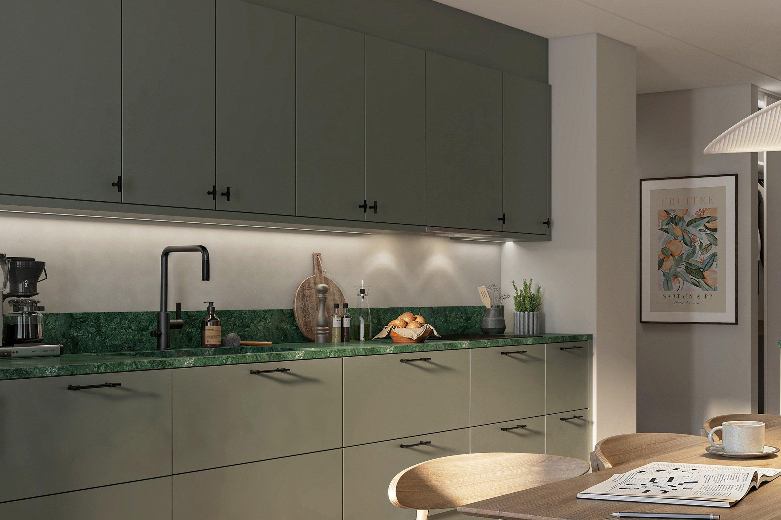 Visionsbild kök i Zenit. Val av kökslucka är ett tillval.