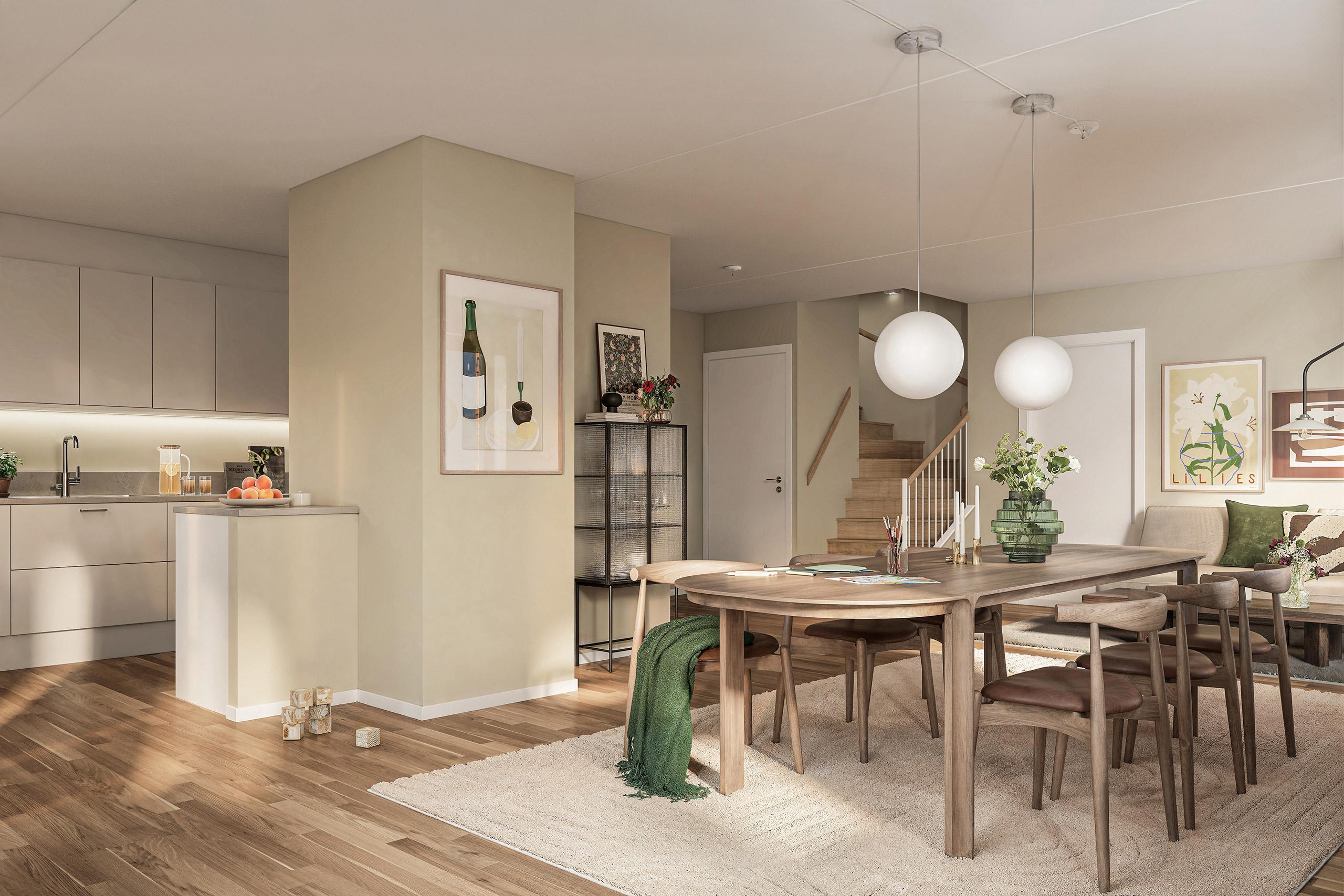 Öppen planlösning i etagelägenhetens nedre plan (visionsbild).