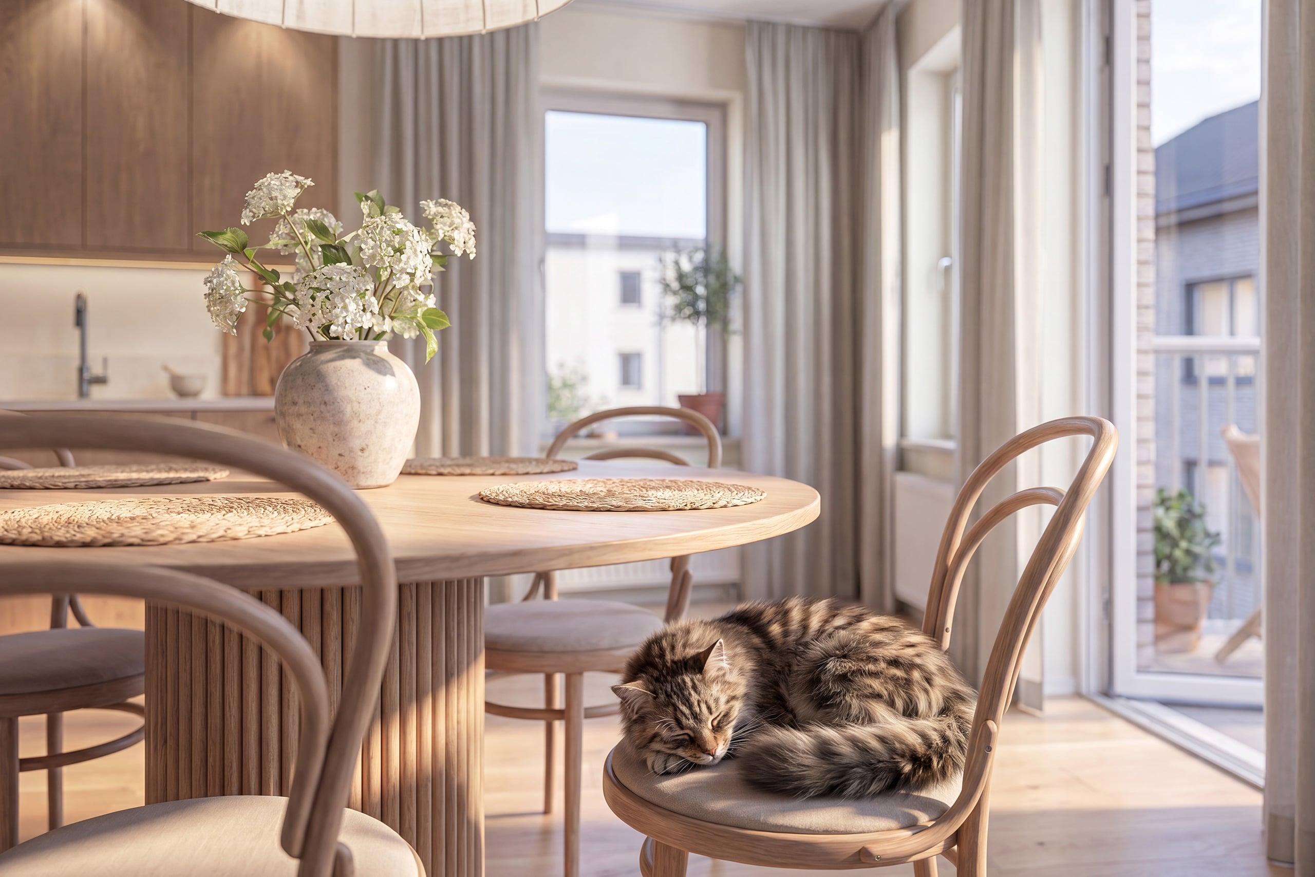 Visionsbild kök/matplats i en nyproducerad bostad från JM.