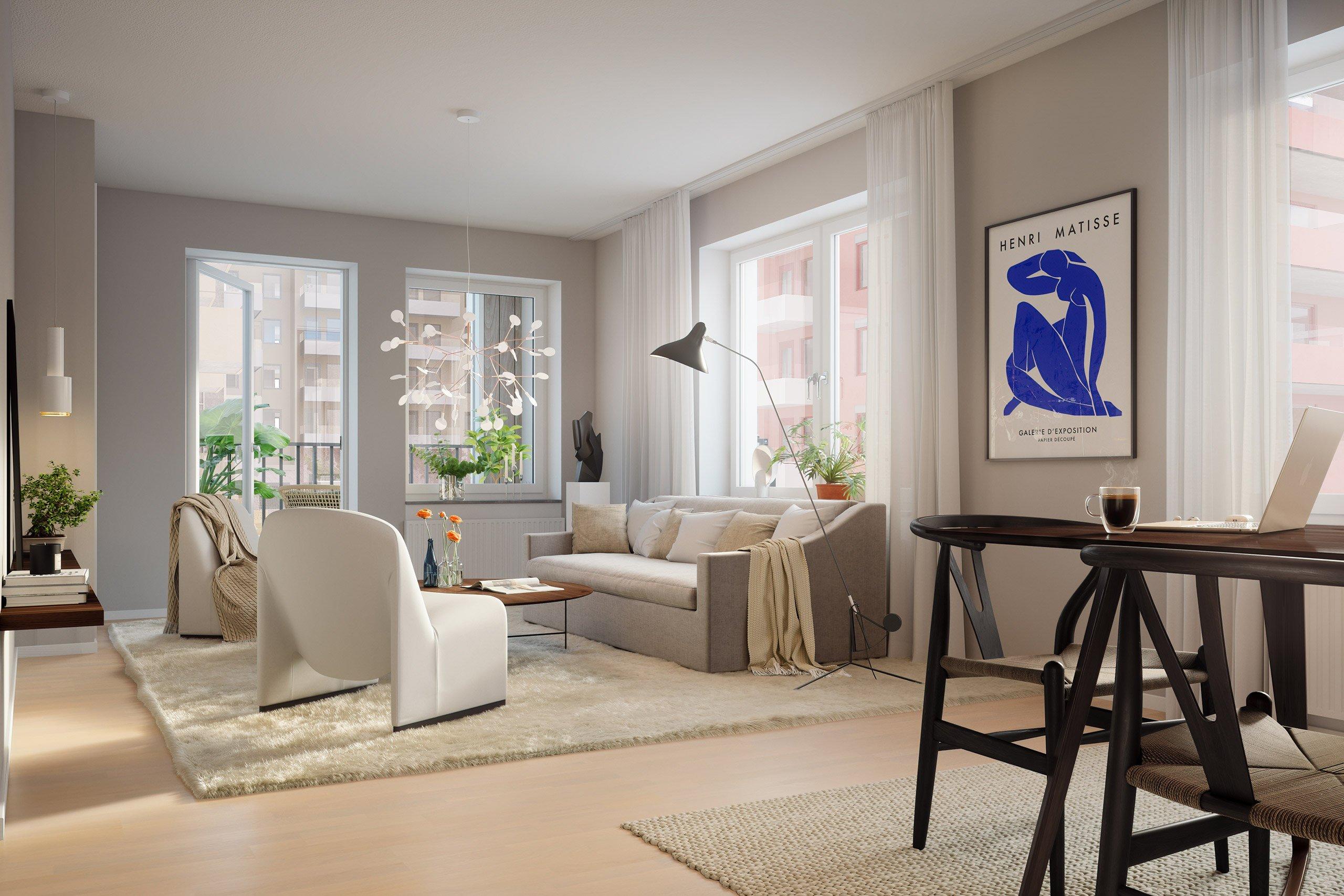 Här bor du i en ljus, välplanerad bostad med ett modernt formspråk och naturliga materialval (visionsbild).