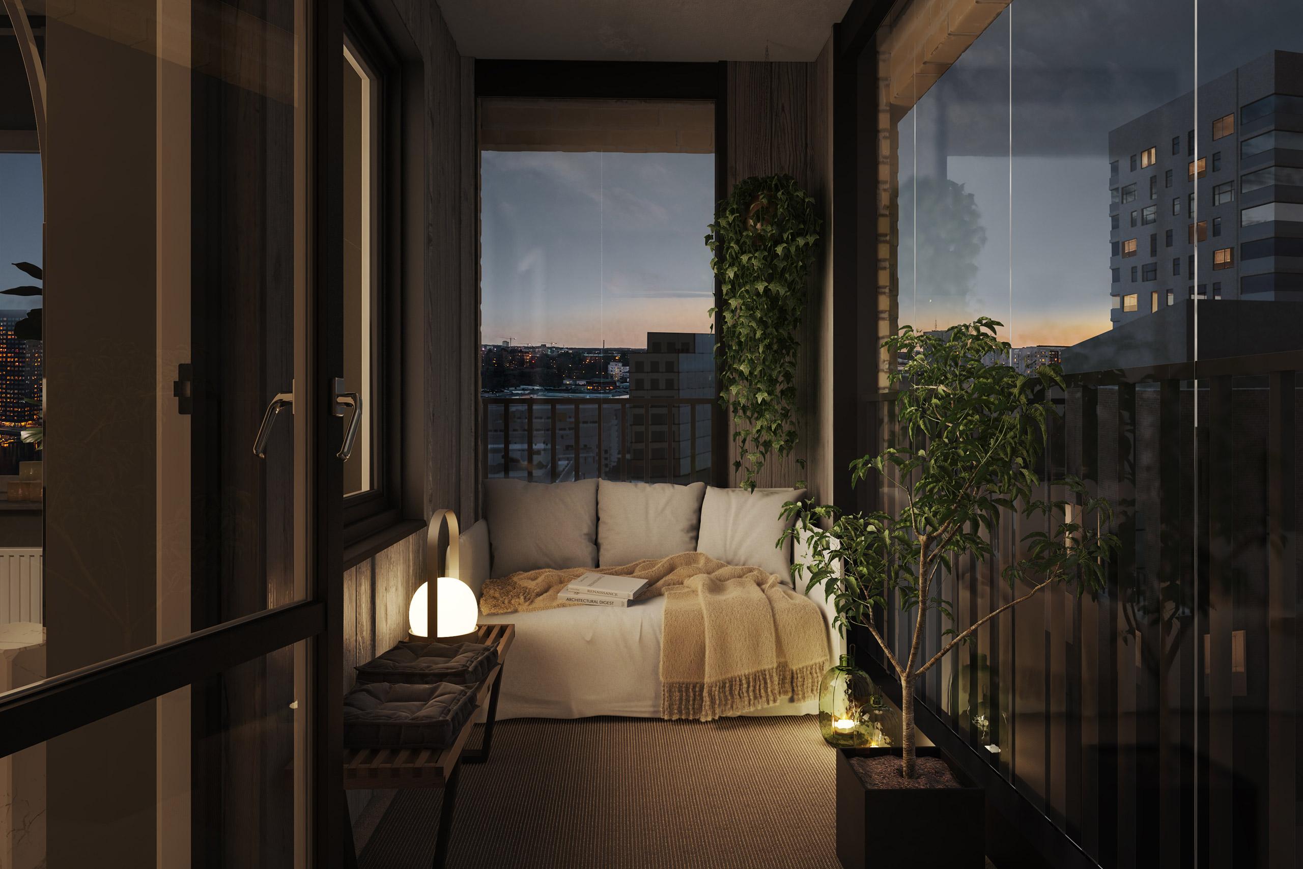 Inglasad balkong med utsikt mot Södermalm (visionsbild)