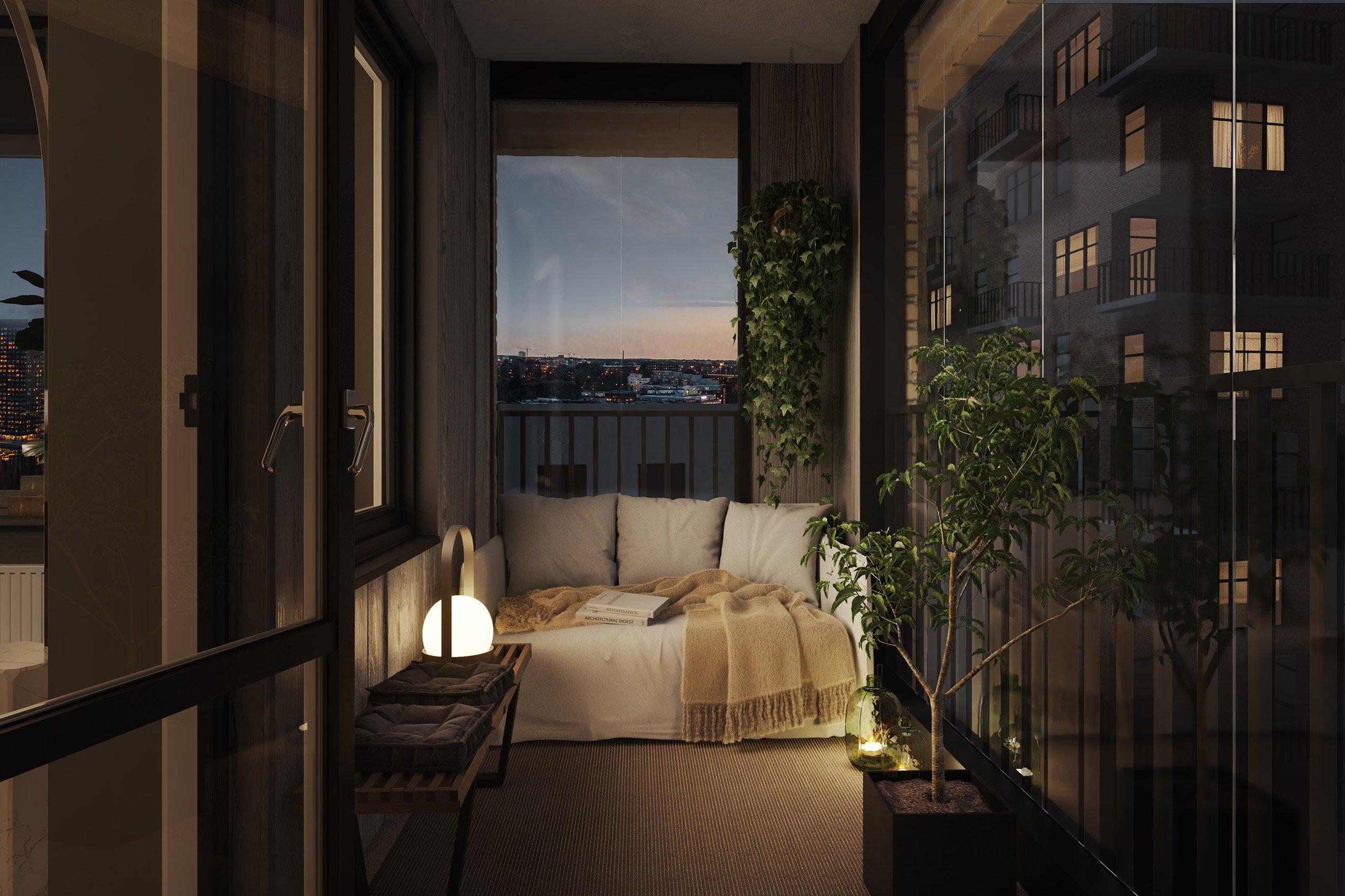 Majoriteten av alla bostäder i kvarteret har balkong (visionsbild).