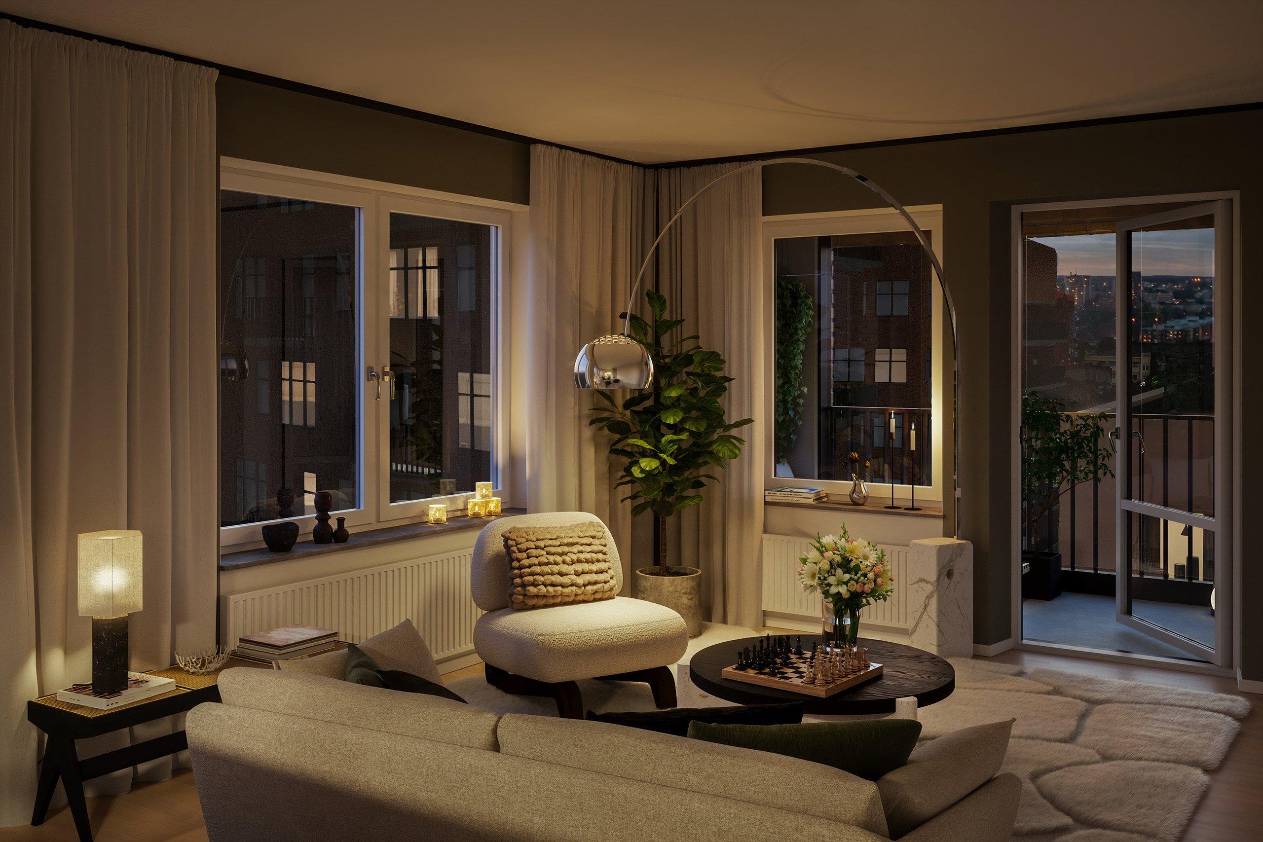 Här möts du av fönsterbänkar i grå natursten, vitmålade väggar och vitpigmenterad ekparkett som ger en ljus grund (visionsbild).