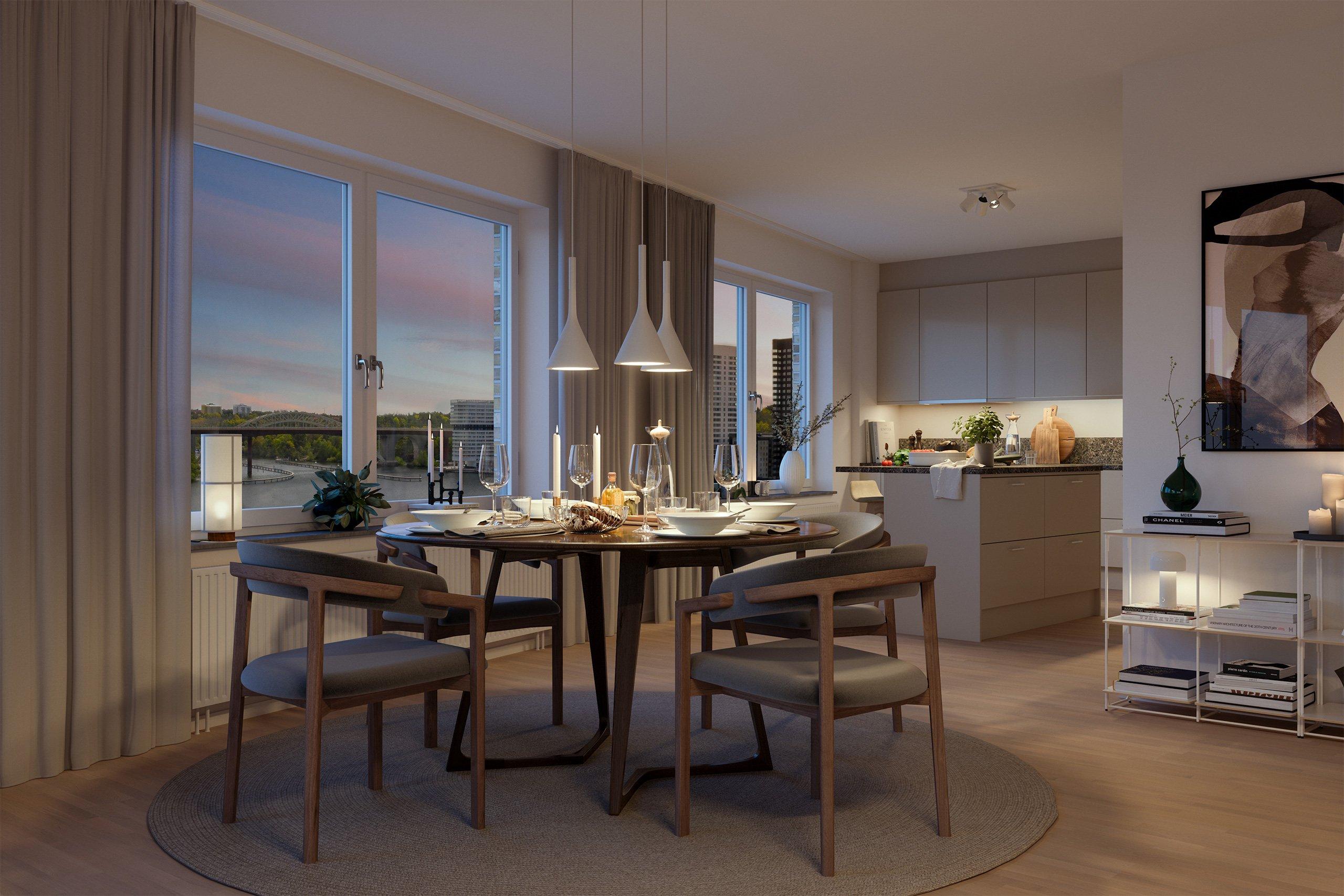 Här bor du i en ljus, välplanerad bostad med ett modernt formspråk och naturliga materialval (visionsbild).