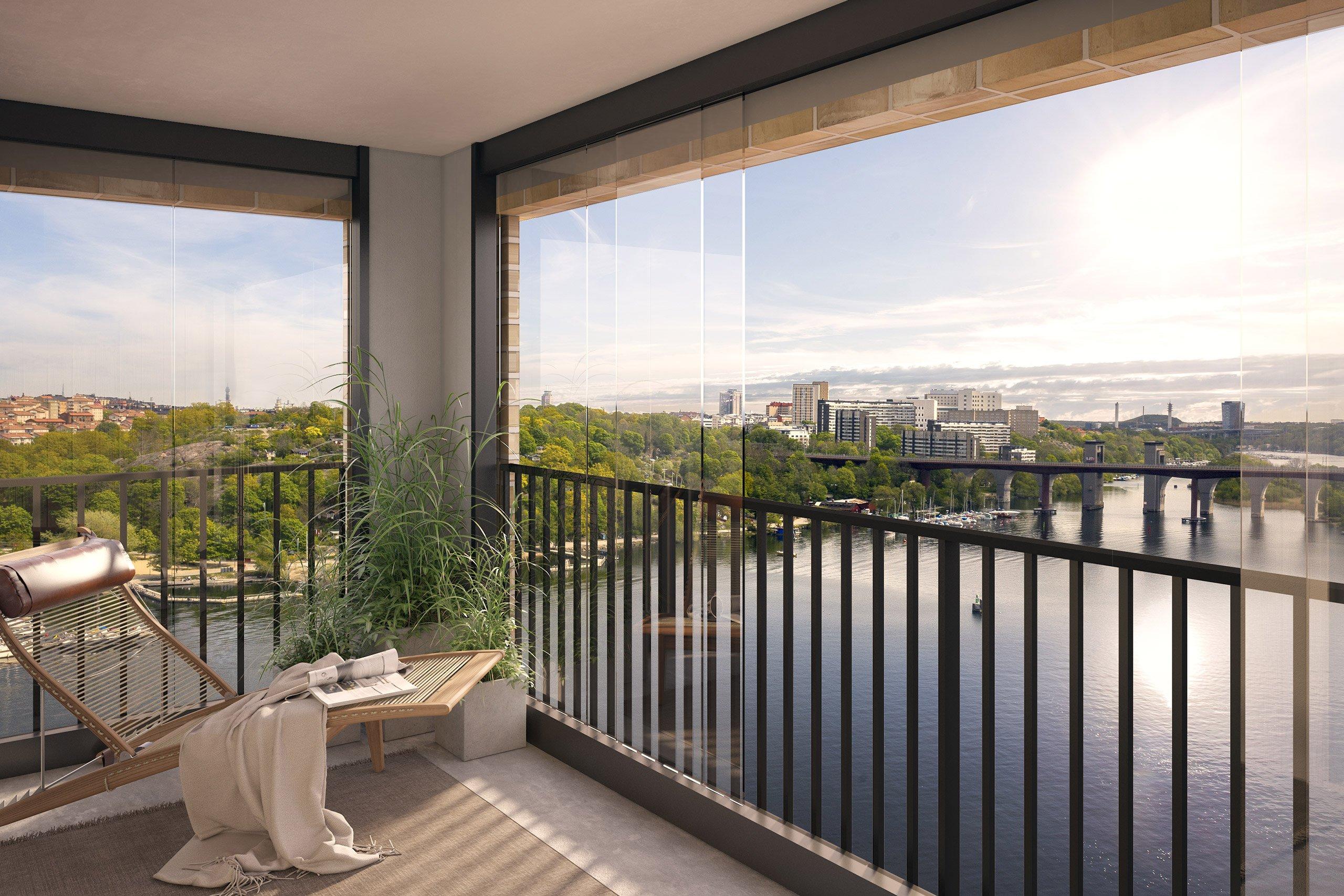 Inglasad balkong med enastående utsikt över Årstaviken (visionsbild från höghuset)