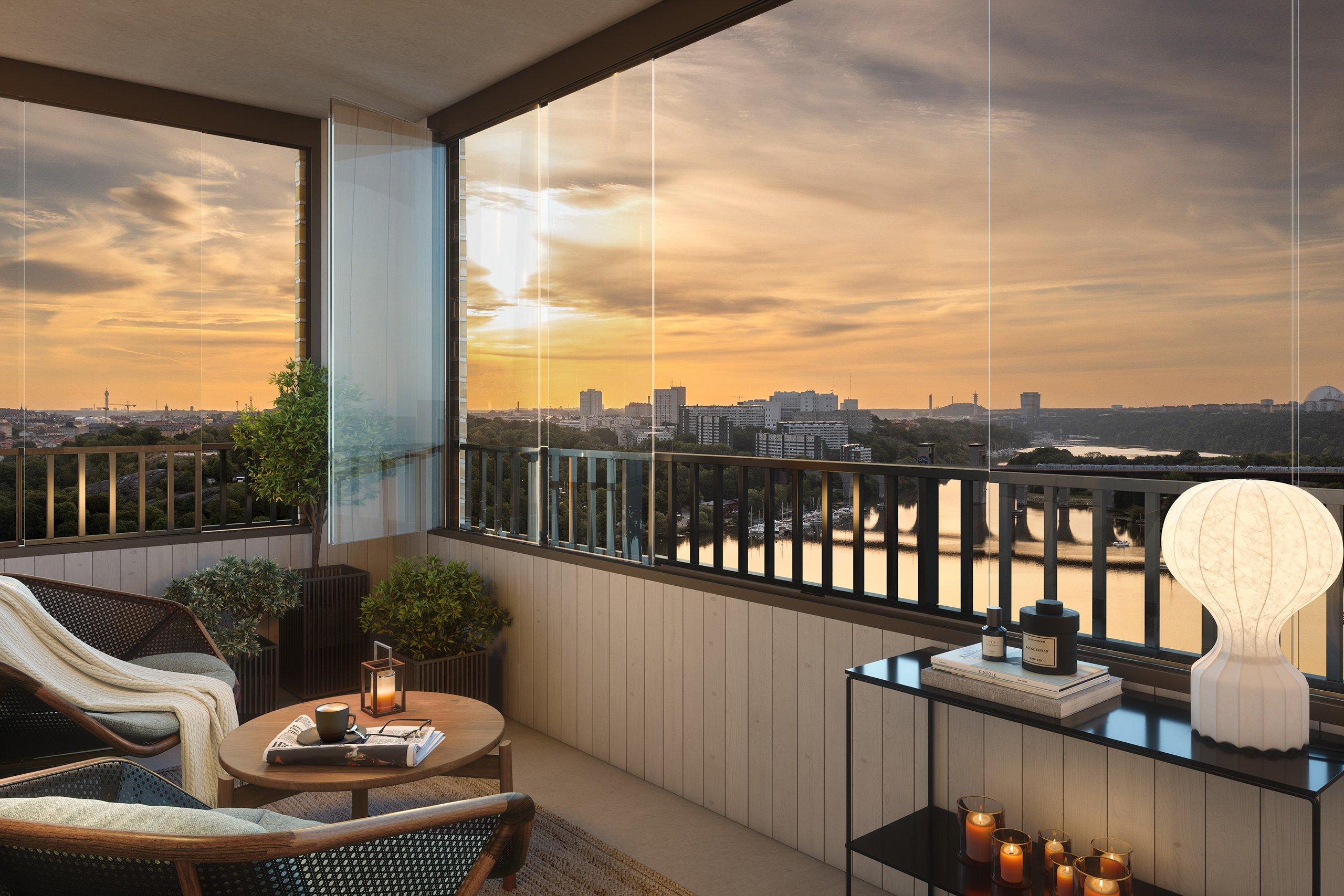 Inglasad balkong med enastående utsikt över Årstaviken och Södermalm (visionsbild)