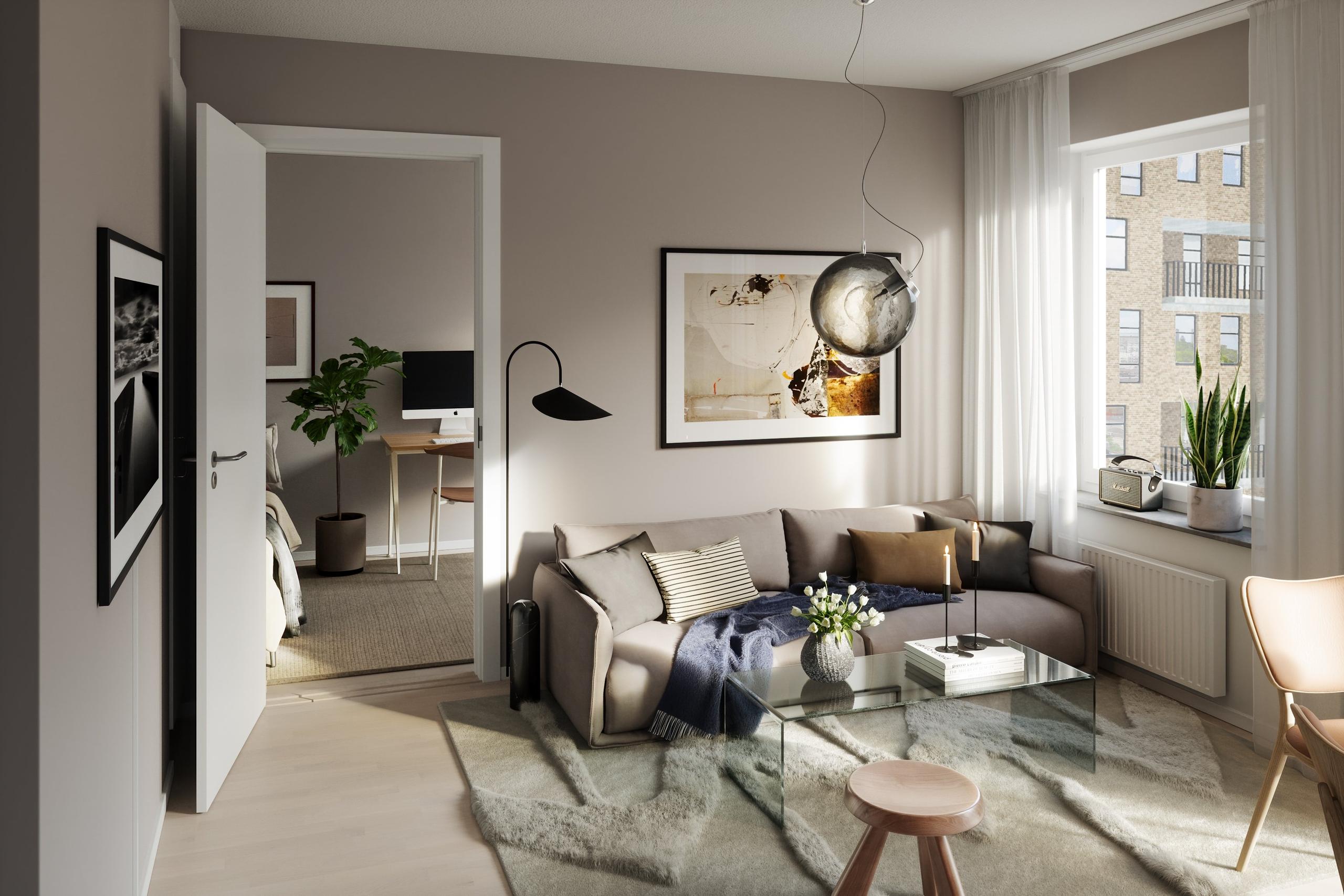 Här bor du i en ljus, välplanerad bostad med ett modernt formspråk och naturliga materialval (visionsbild).