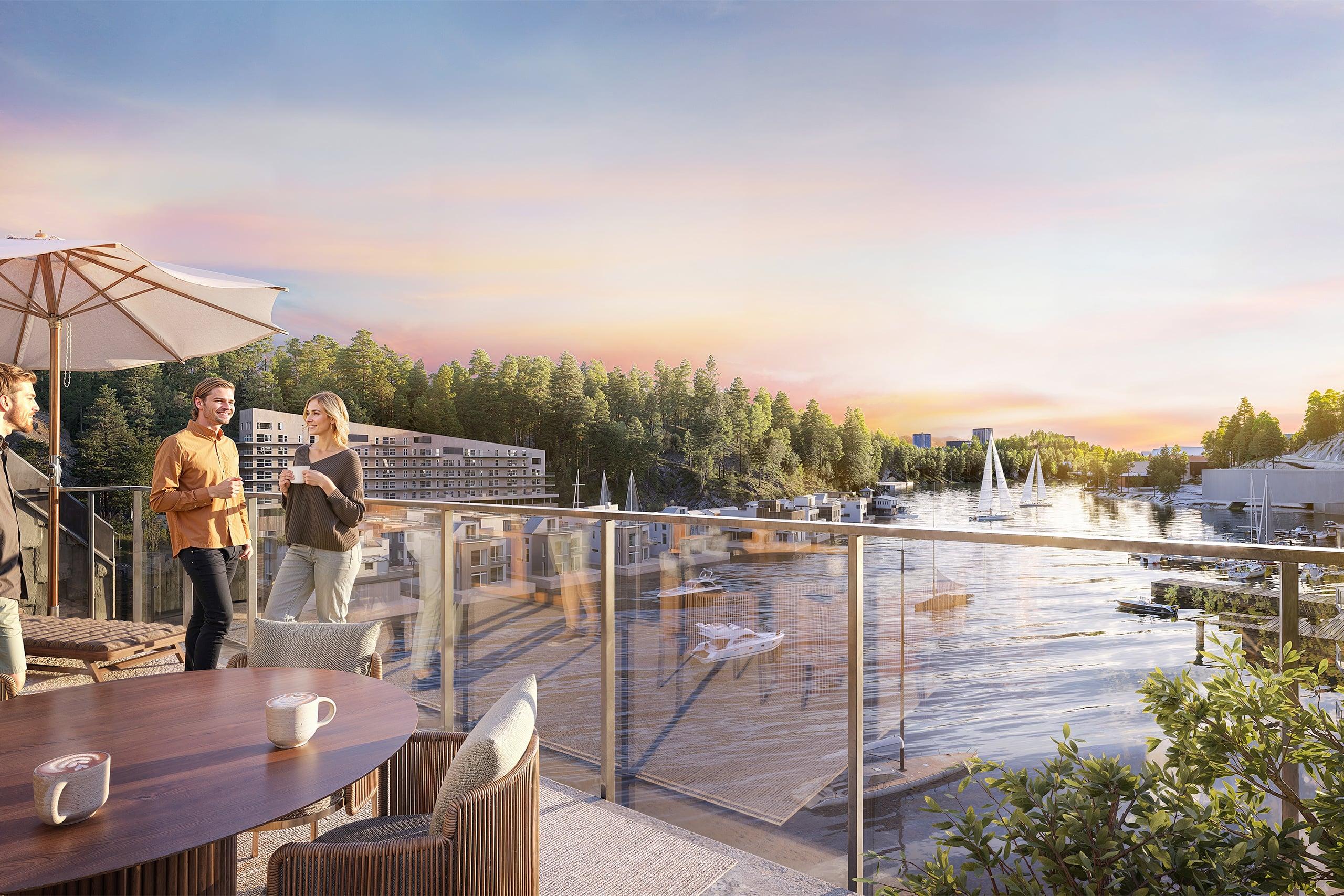 Etagelägenheterna har terrass som bjuder på slående utsikt över Svindersviken (visionsbild från kvarteret, avvikelser kan förekomma).