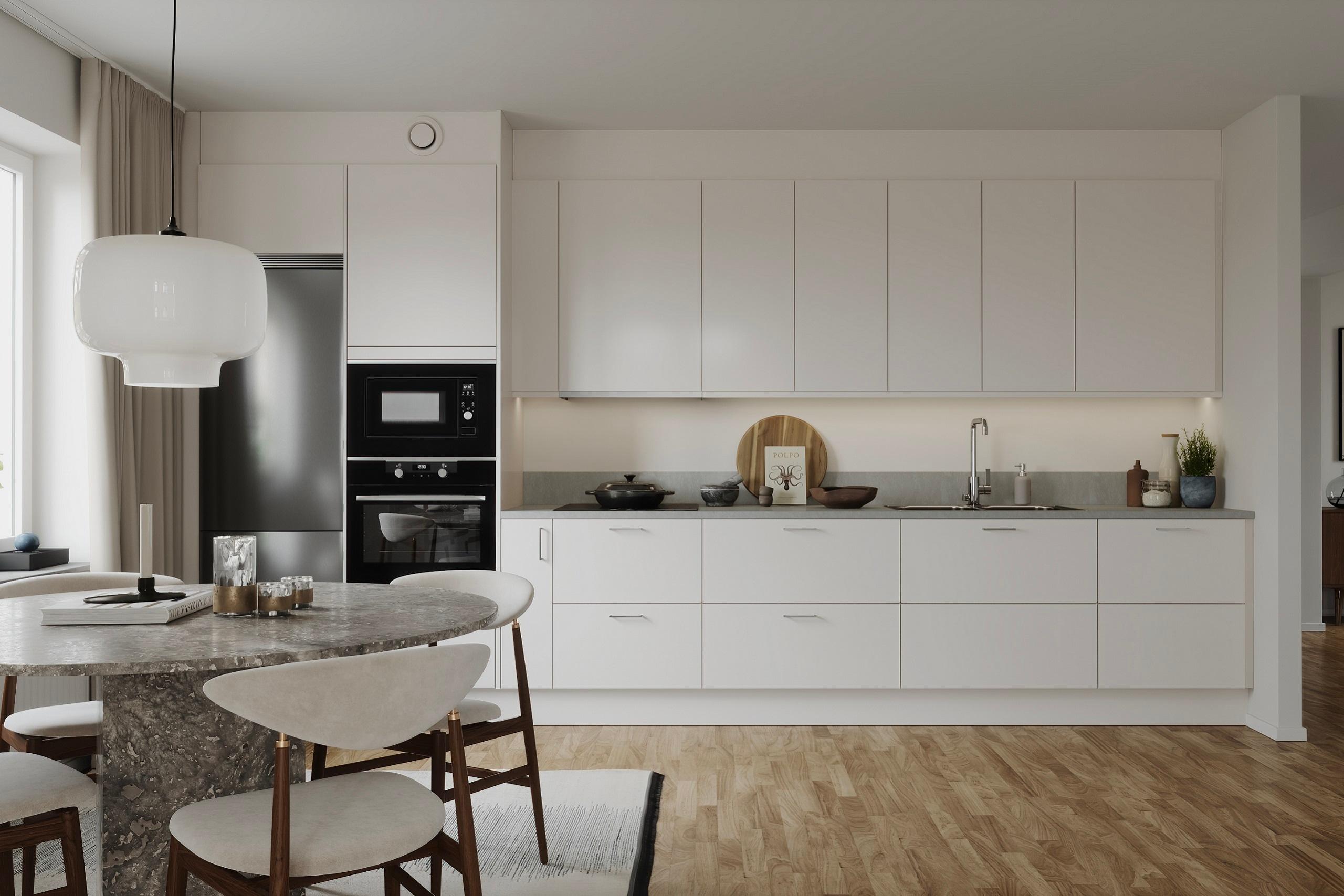 I vår originalinredning ingår vackra vita kök med rostfria vitvaror som är noga utvalda (visionsbild).