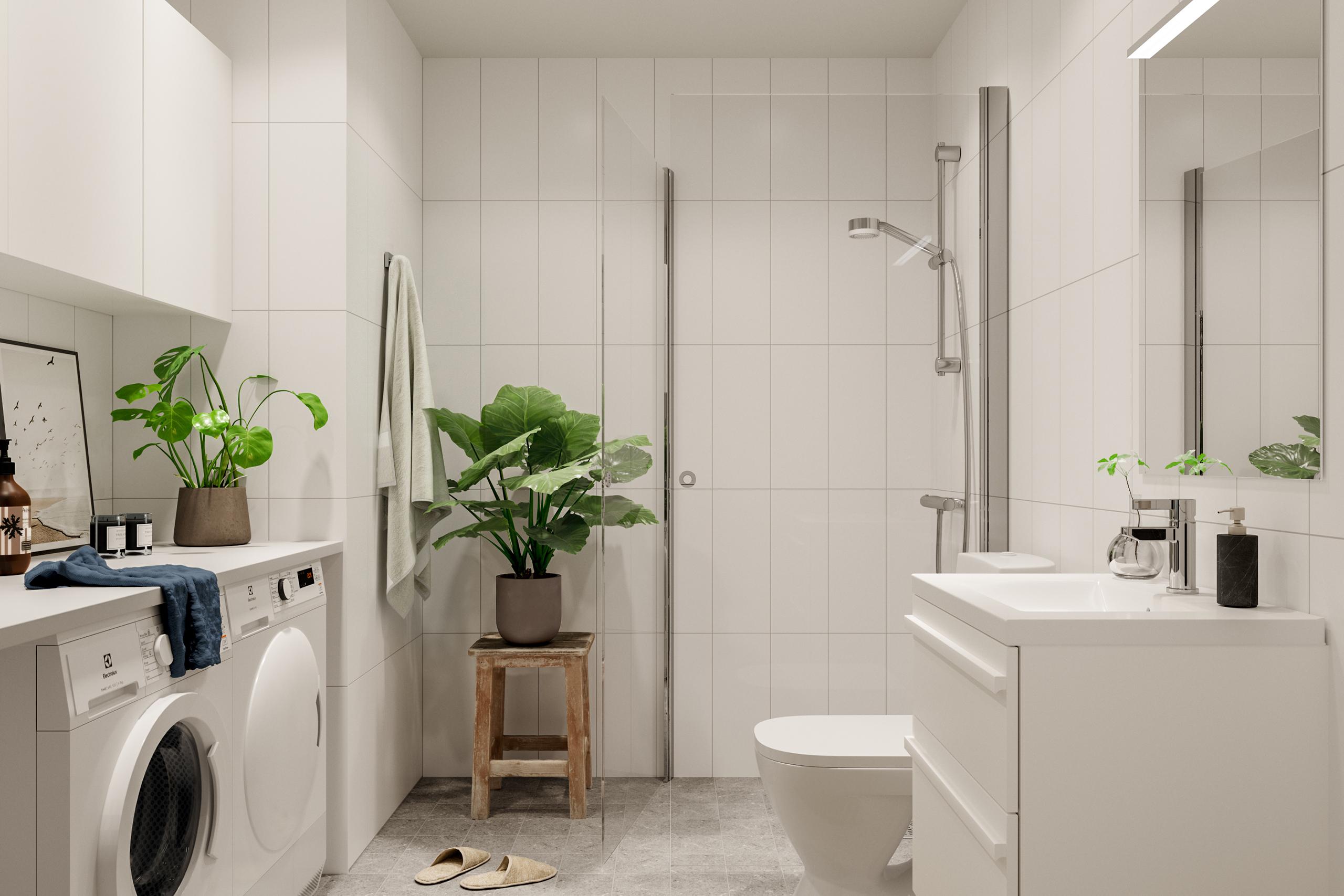 Badrummen är helkaklade och utrustade med tvättmaskin och torktumlare, alternativt kombimaskin i mindre lägenheter (visionsbild från kvarteret, avvikelser kan förekomma).