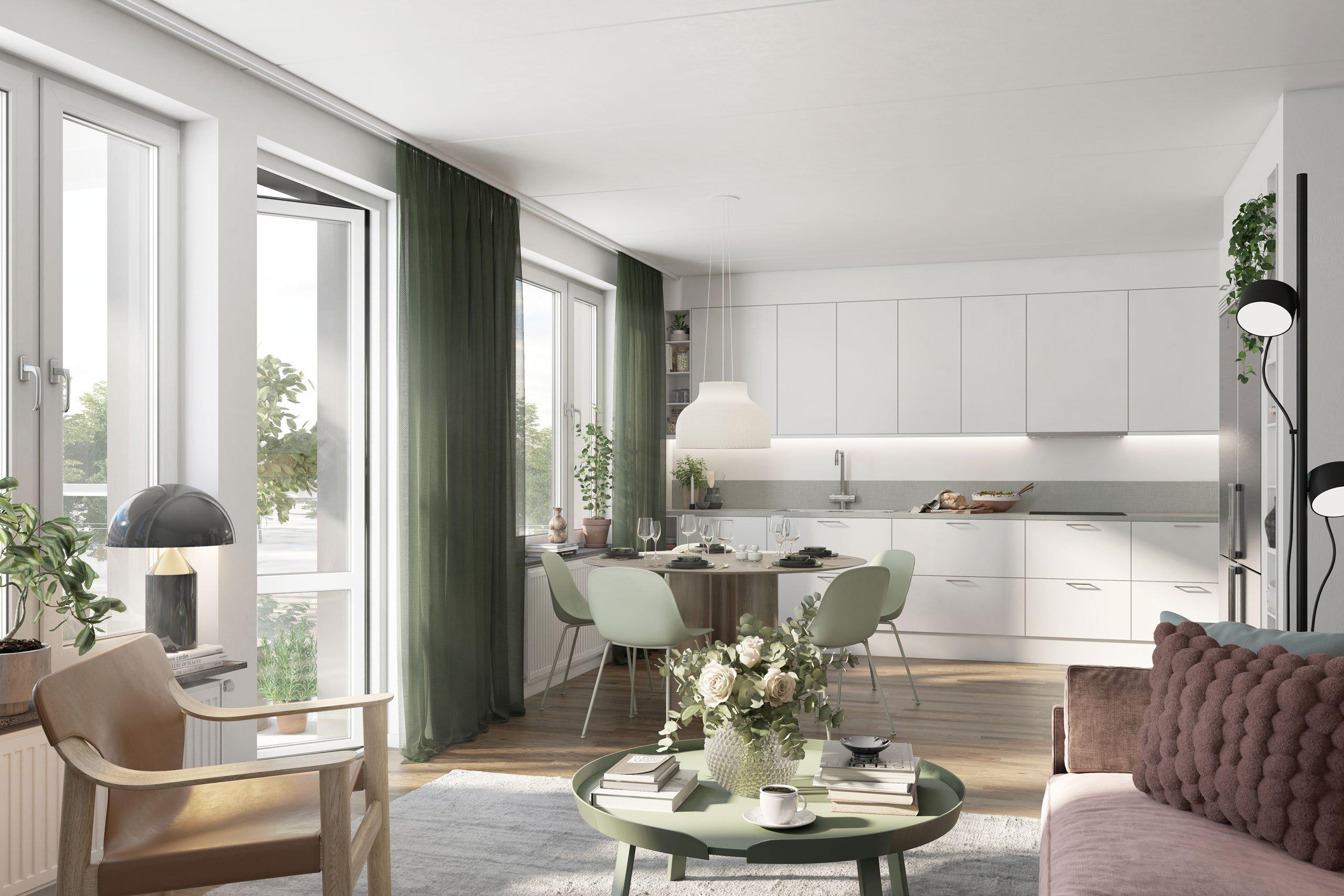 Köken är utrustade med induktionshällar, rostfria inbyggnadsugnar och mikrovågsugnar i högskåp eller väggskåp, kyl/frysar och helintegrerade diskmaskiner.