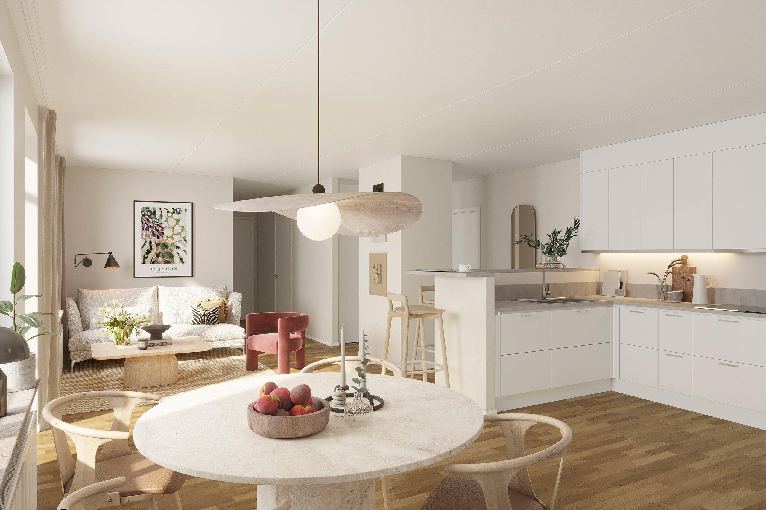 Öppna planlösningar mellan kök och vardagsrum (visionsbild).