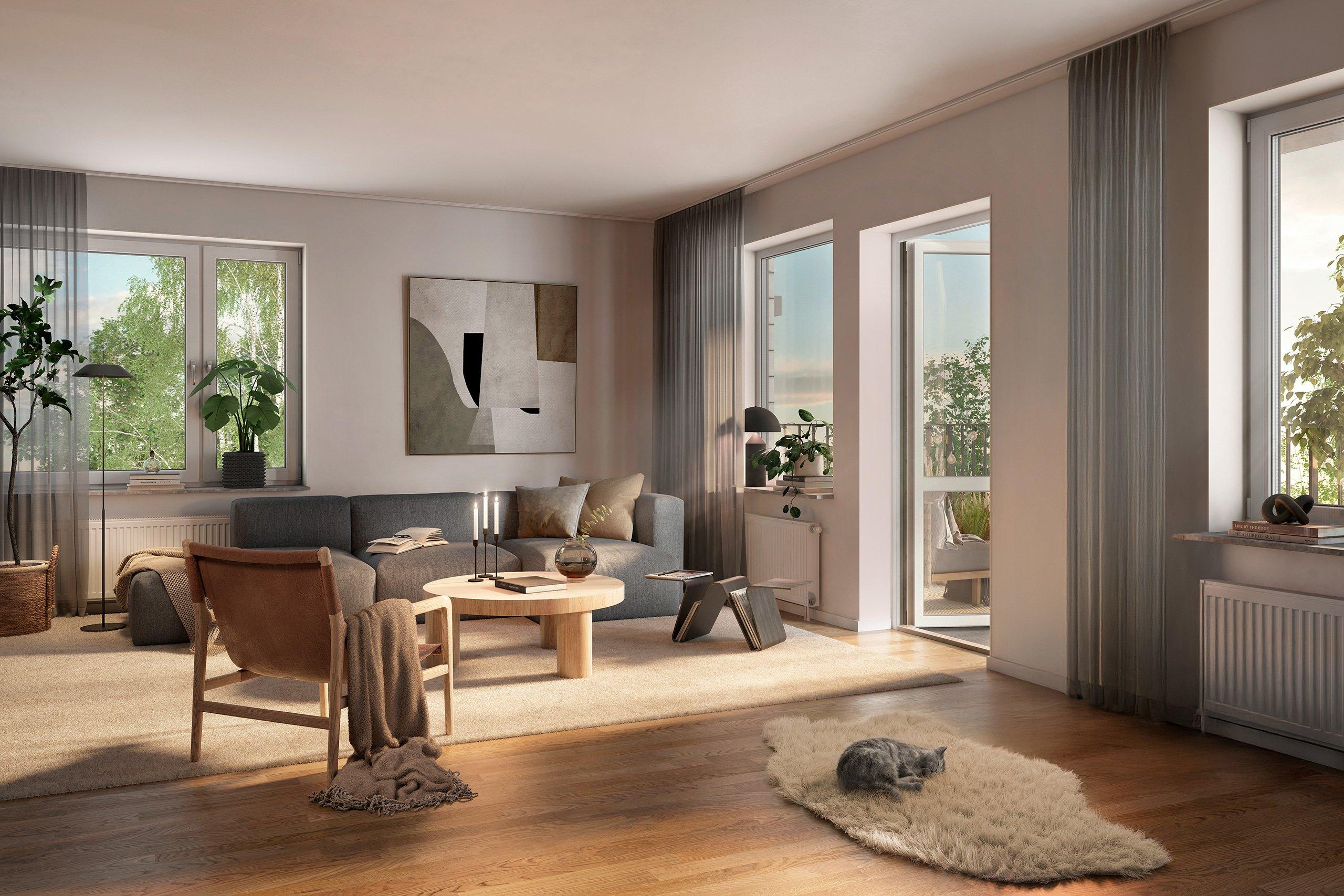 Vardagsrum med sittmöbler och öppen dörr mot balkongen.