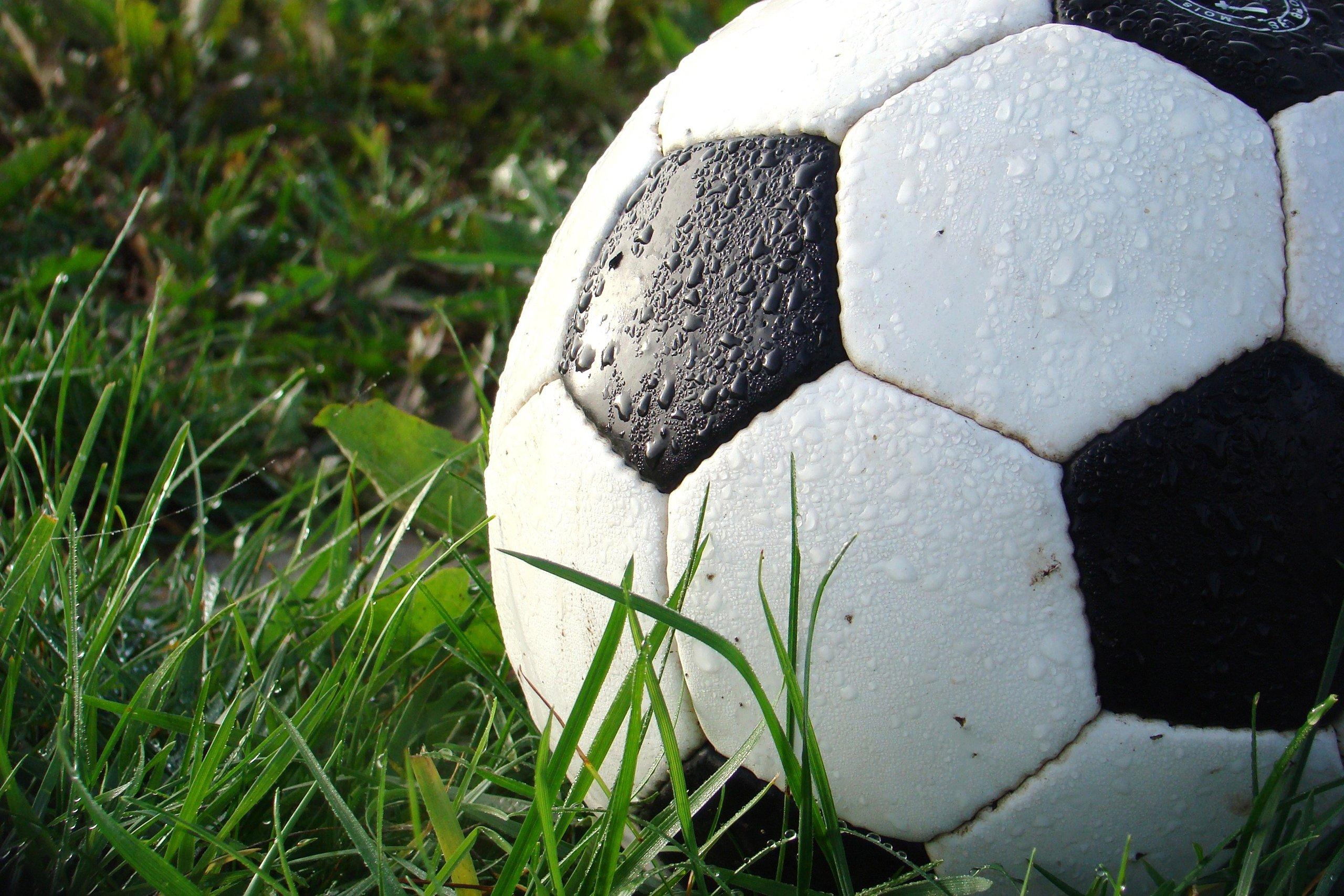 Svartvit fotboll i högt, fuktigt gräs.