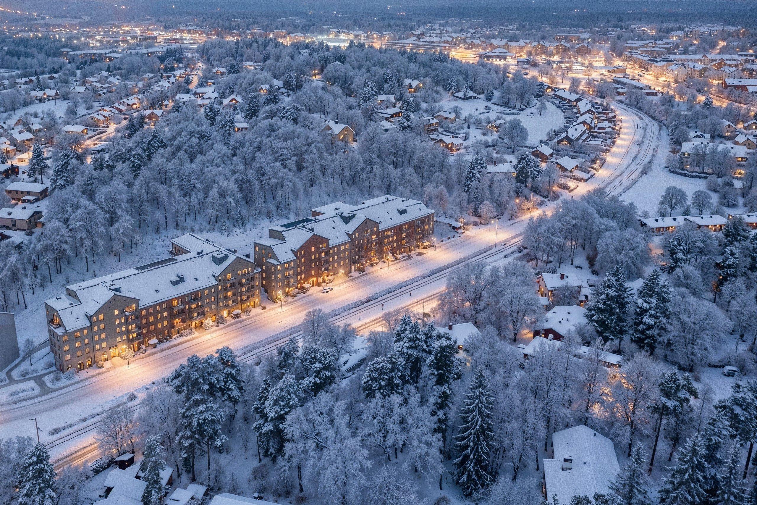 Snötäckt område med nybyggda bostadskvarter.