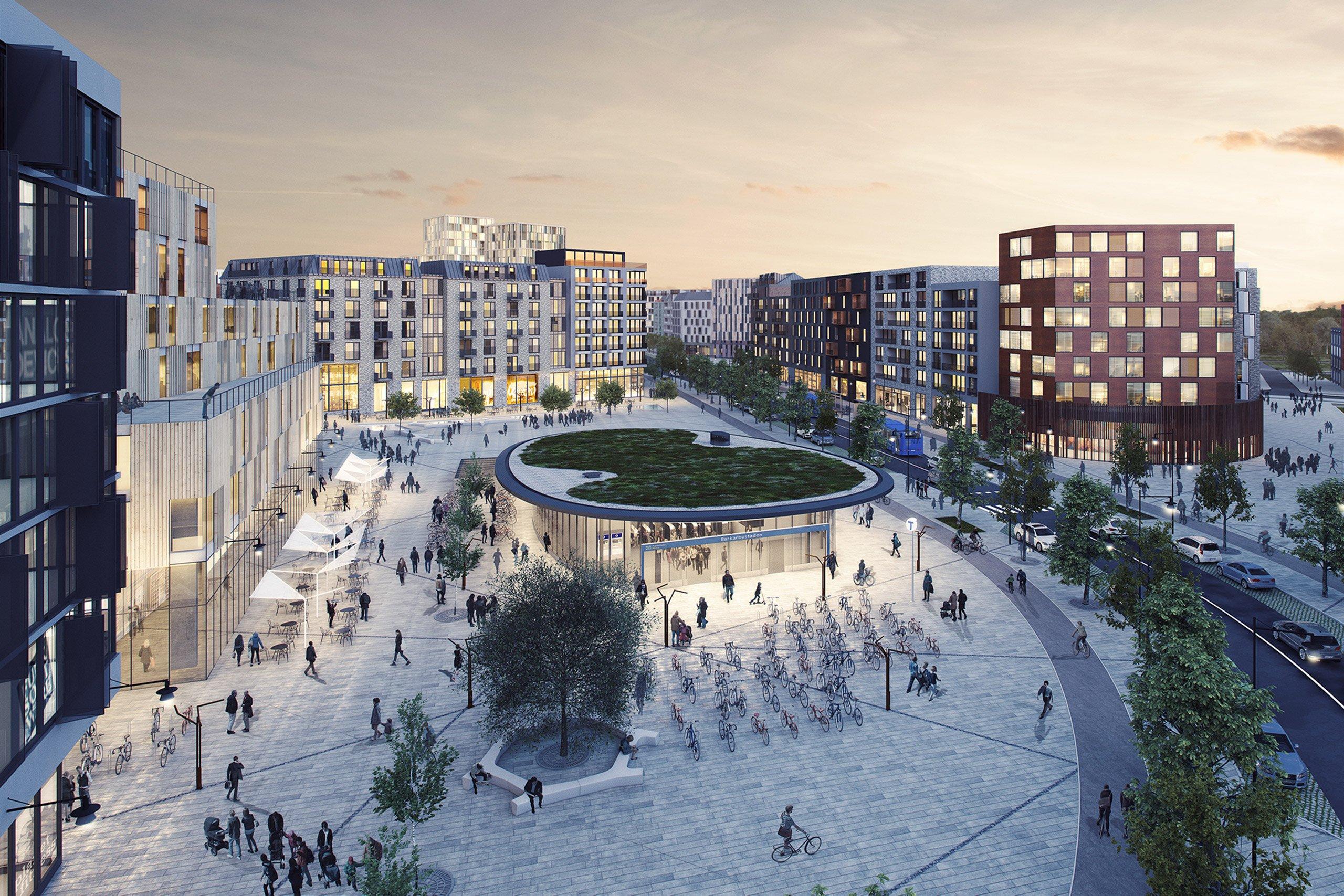 Barkarbystaden i Järfälla är ett växande område med Stockholms viktigaste knutpunkter. Här bor du nära en ny tunnelbanestation, service, butiker och vacker natur (visionsbild från Järfälla kommun).