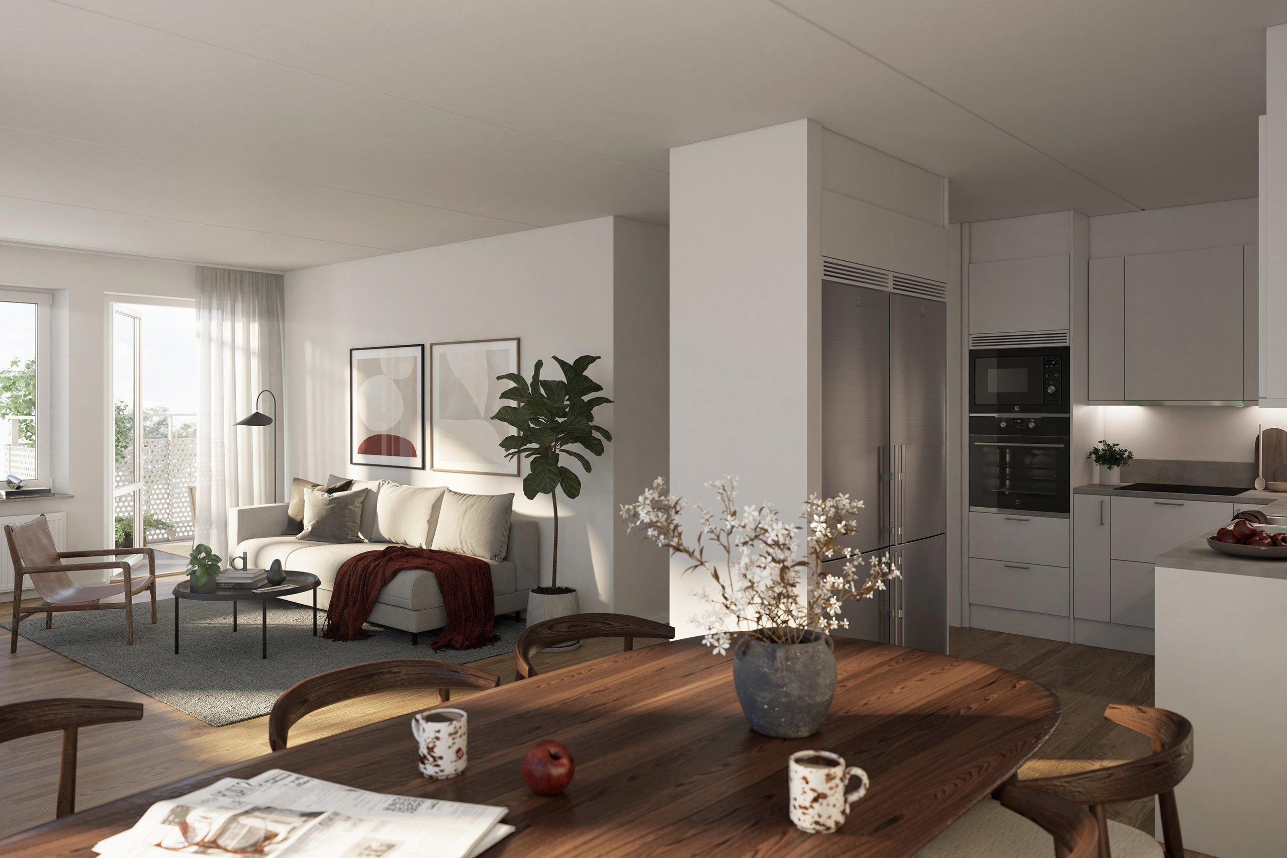 I kvarteret Lotus bygger vi ljusa och välplanerade lägenheter i en lugn del av Söderdalen i Jakobsberg (visionsbild).