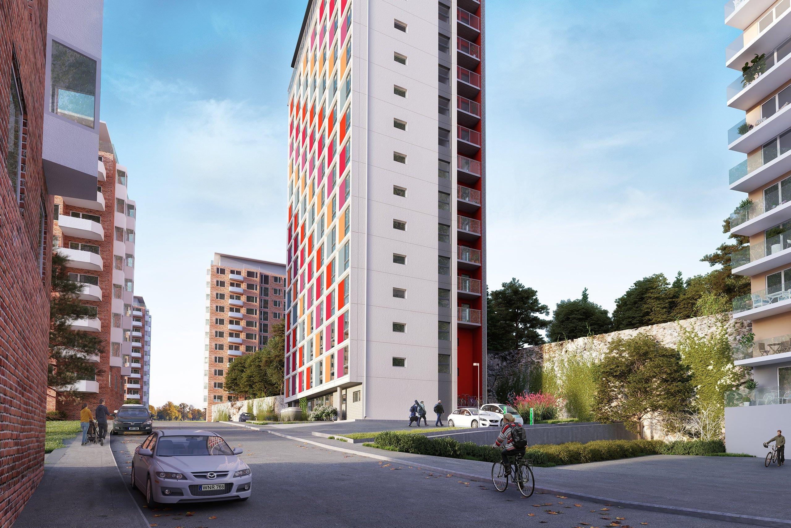 Exteriörbild av färgglada Alphýddan i Nacka.