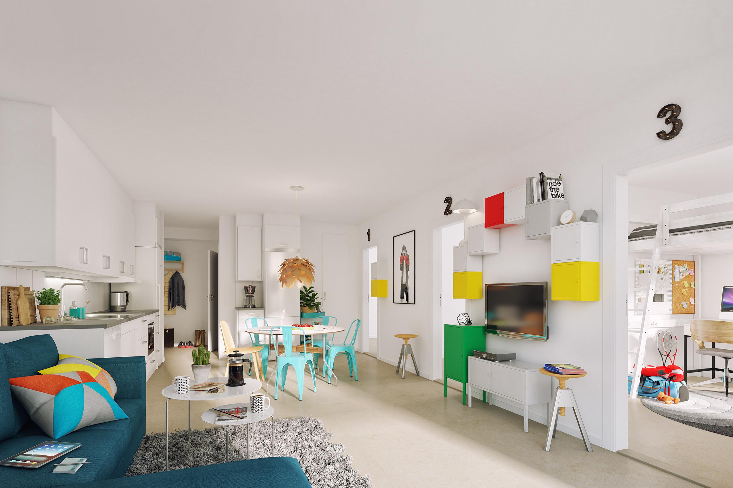 Visionsbild som visar en inredd kompislägenhet i Alphyddan.