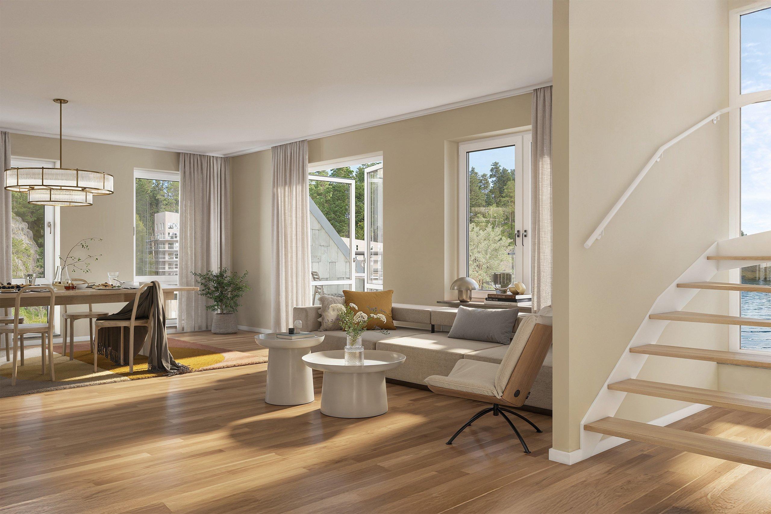 Vardagsrum i etagelägenhet. 