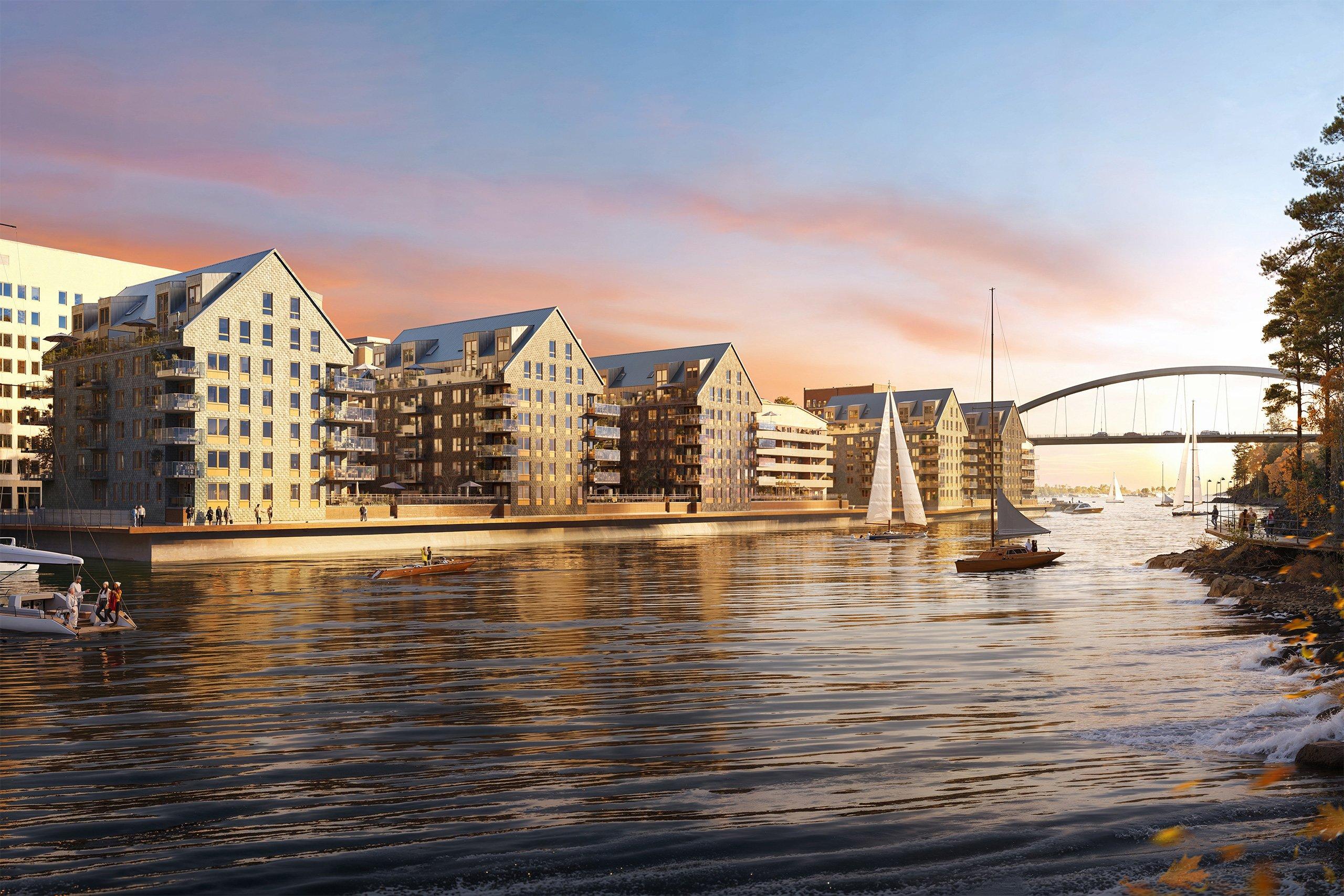 Kajpromenaden nedanför kvarteret.