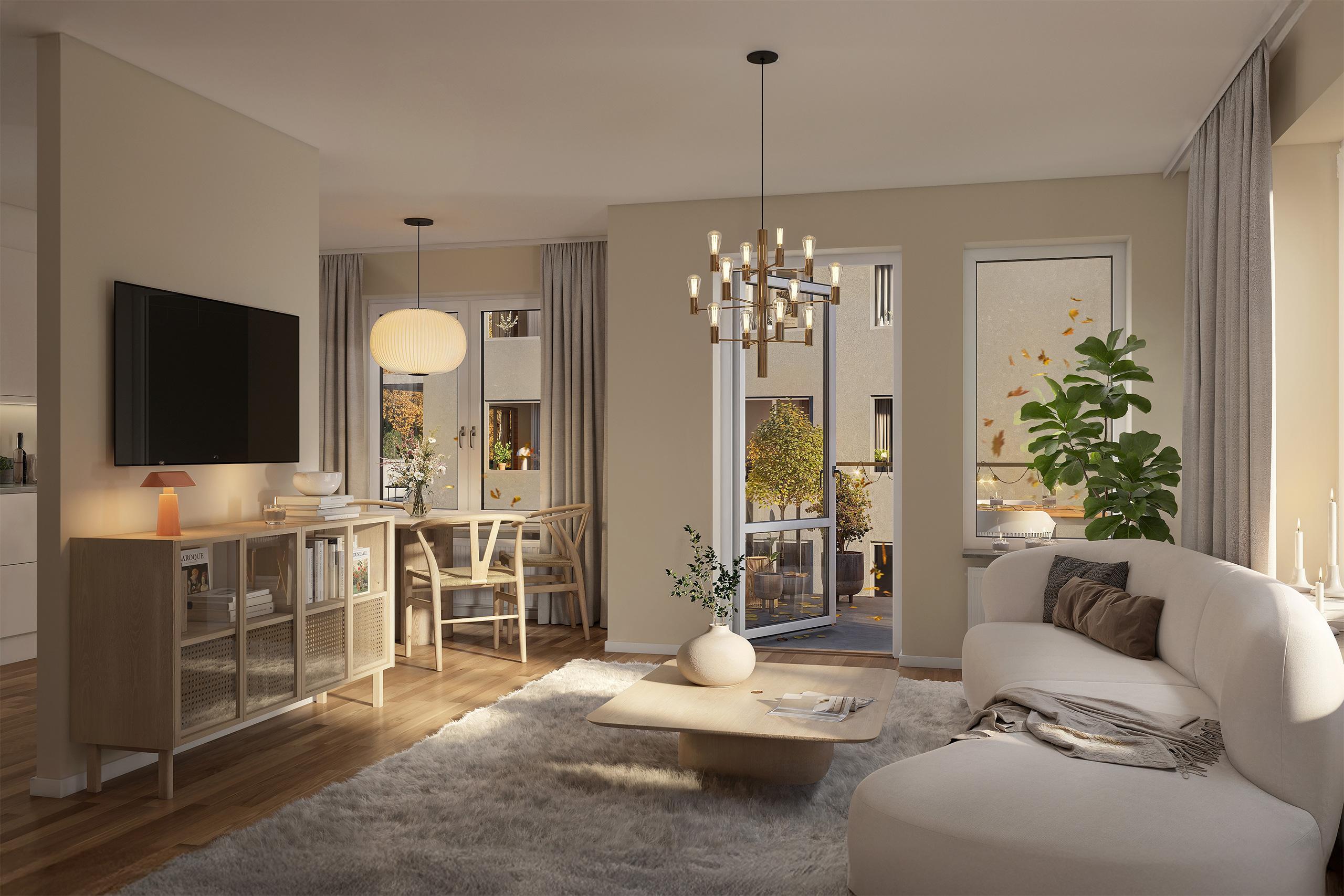 Ljust vardagsrum med vit soffa.