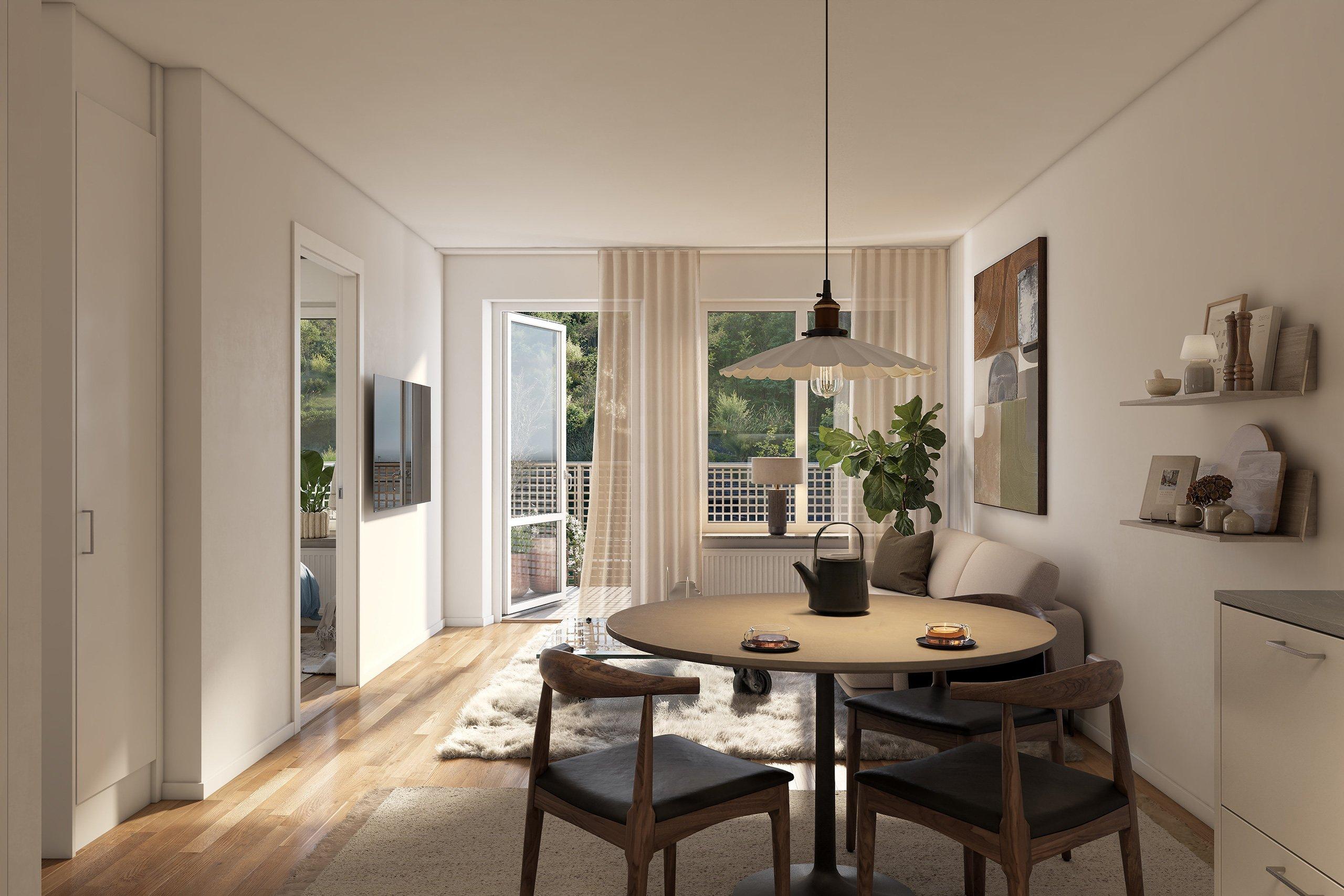 Vardagsrum med soffgrupp och matplats samt dörr till balkong 