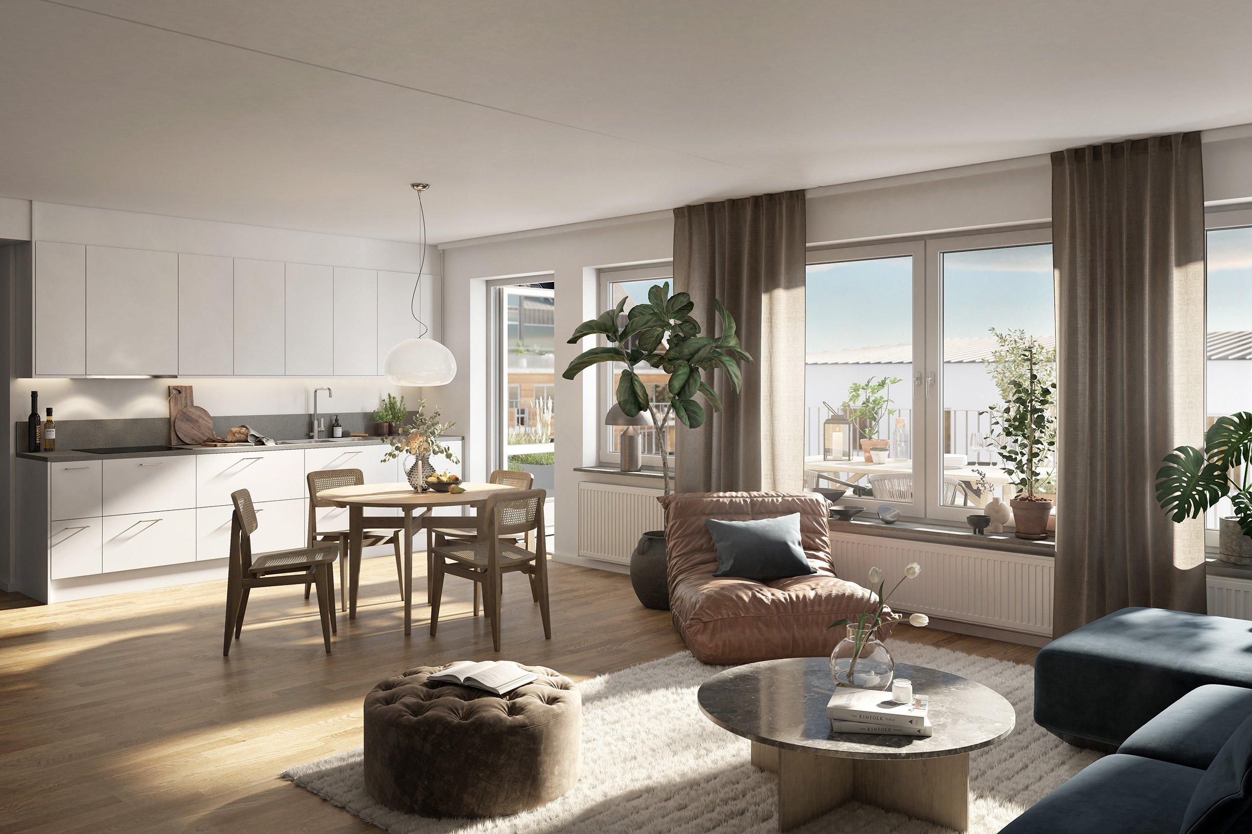 Nyproducerad bostad i JMs kvarter Kvarnholmens Udde på Kvarnholmen. Vardagsrum med öppen planlösning och utgång till uteplats.