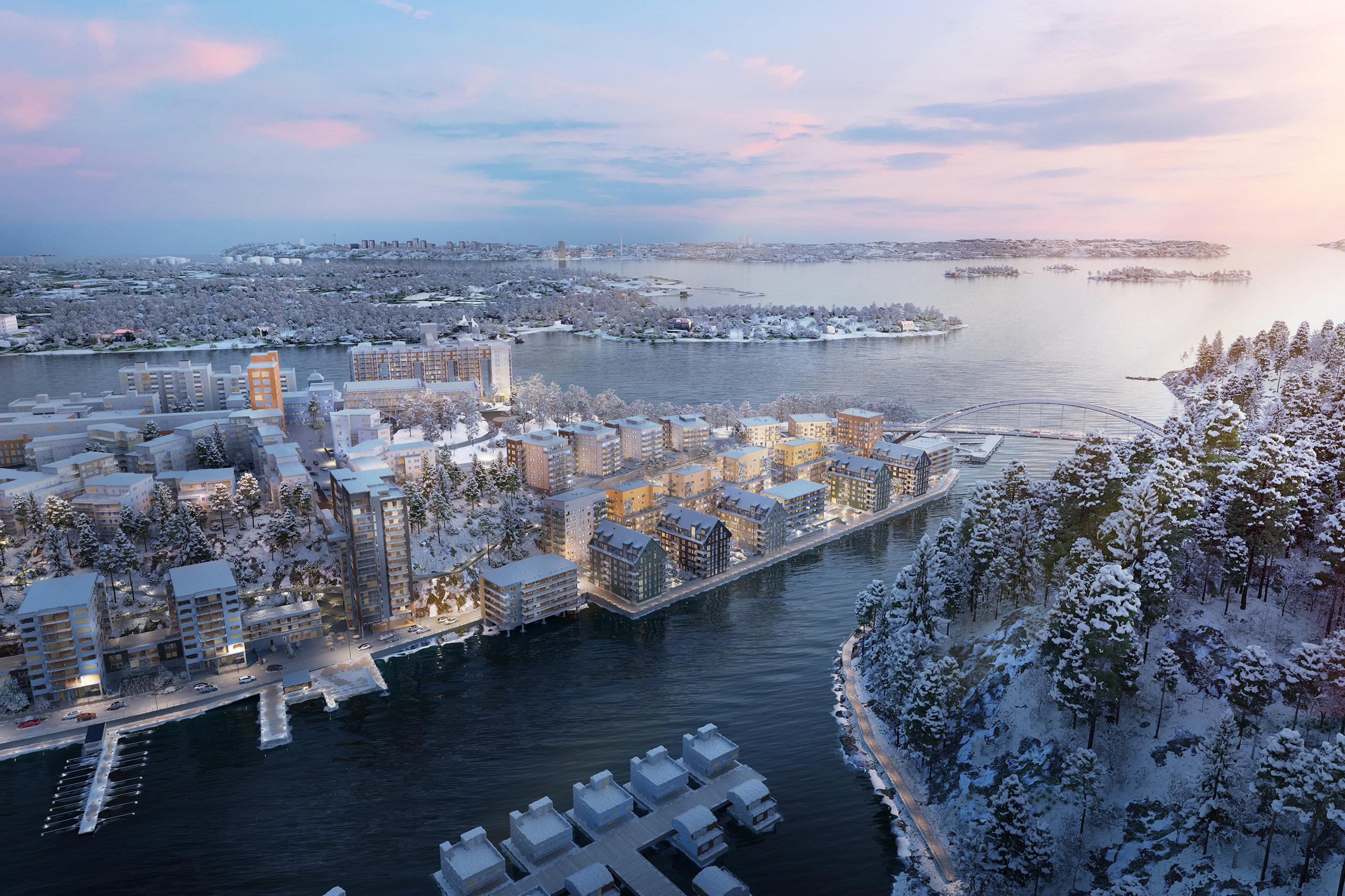 Den historiska halvön Kvarnholmen är vackert beläget intill Stockholms inlopp. Här säljer JM nyproducerade bostäder i en kulturhistorisk miljö (visionsbild). 