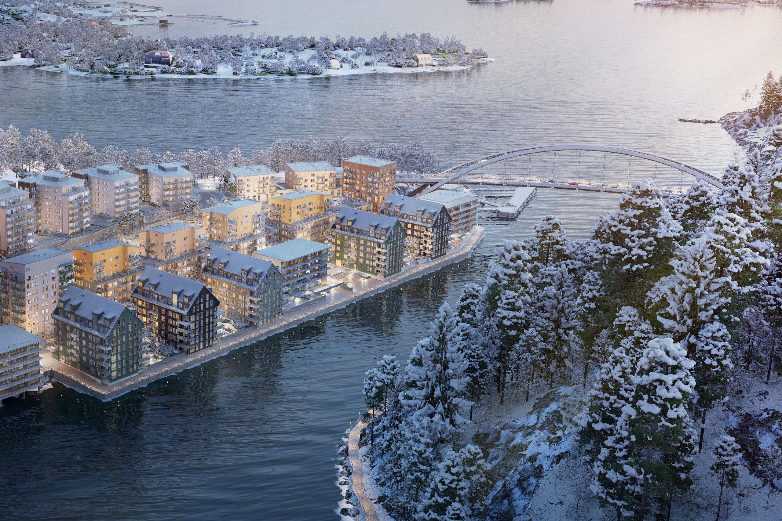 Kvarnholmens Krona ligger i ett exklusivt läge intill kajen vid Svindersviken. Här kan du leva harmoniskt skärgårdsliv med vattnet utanför dörren - endast 15 minuter från stadens puls (visionsbild). 