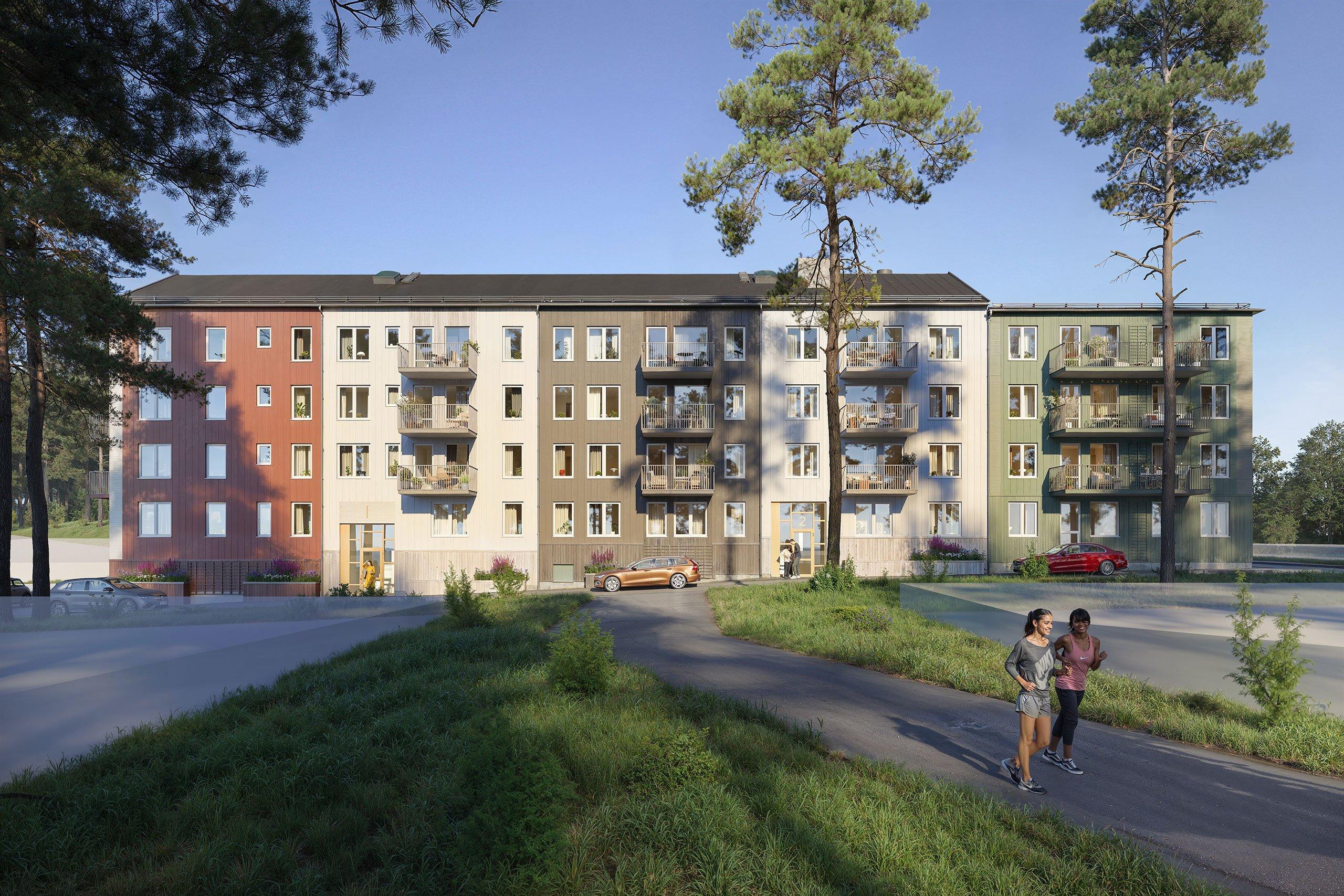 Illustration av Myntarens fasad med variation i olika jordnära färger.