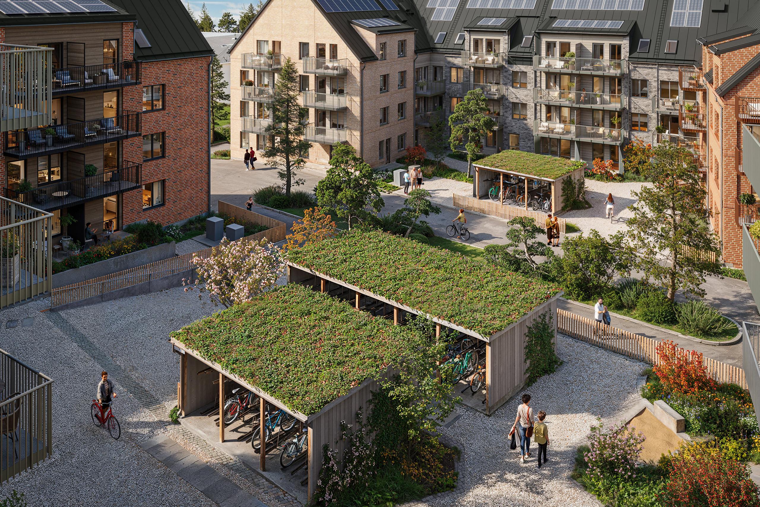 Tegelkvarter runt innergård med odlingar.