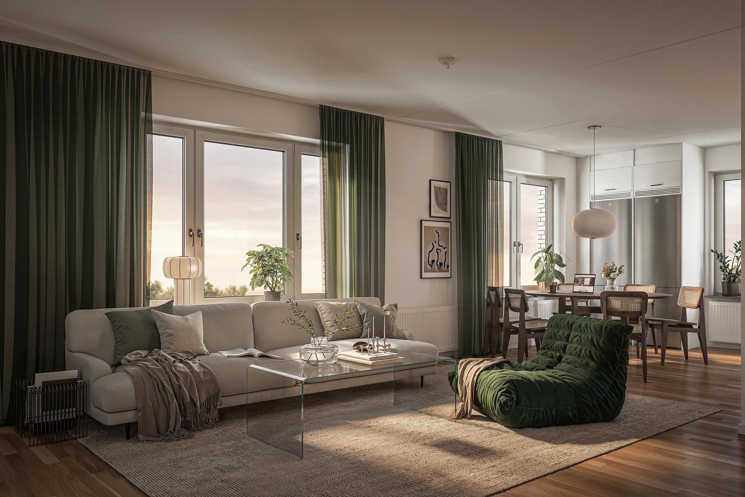 Ljust och rymligt vardagsrum med soffa och sittmöbler.