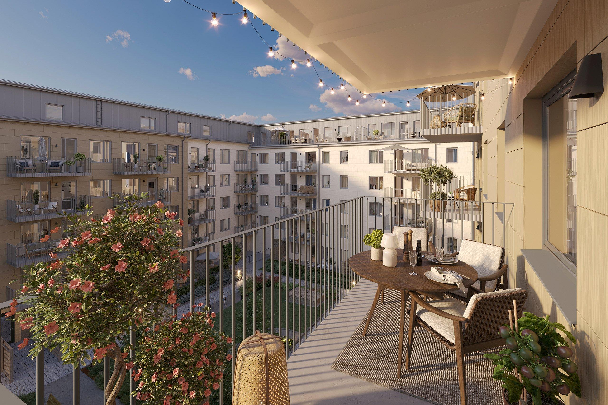 I Kattfoten hittar du nyproducerade lägenheter, de allra flesta med solig balkong, uteplats eller terrass (visionsbild). 