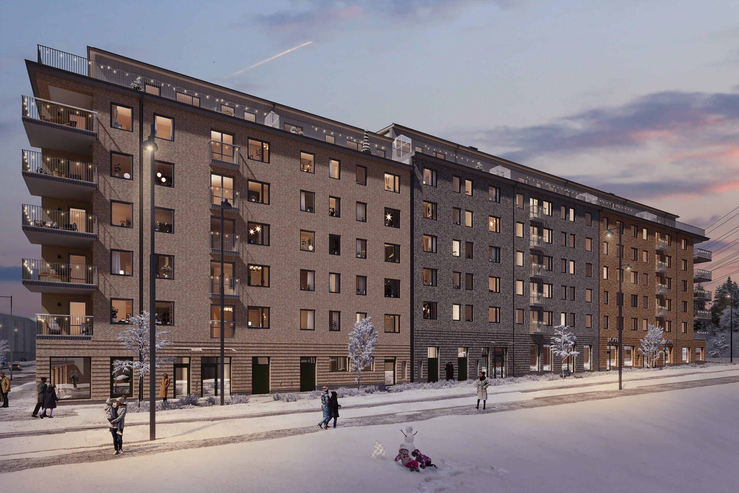 I Kattfoten hittar du nyproducerade lägenheter, de allra flesta med solig balkong, uteplats eller terrass (visionsbild). 