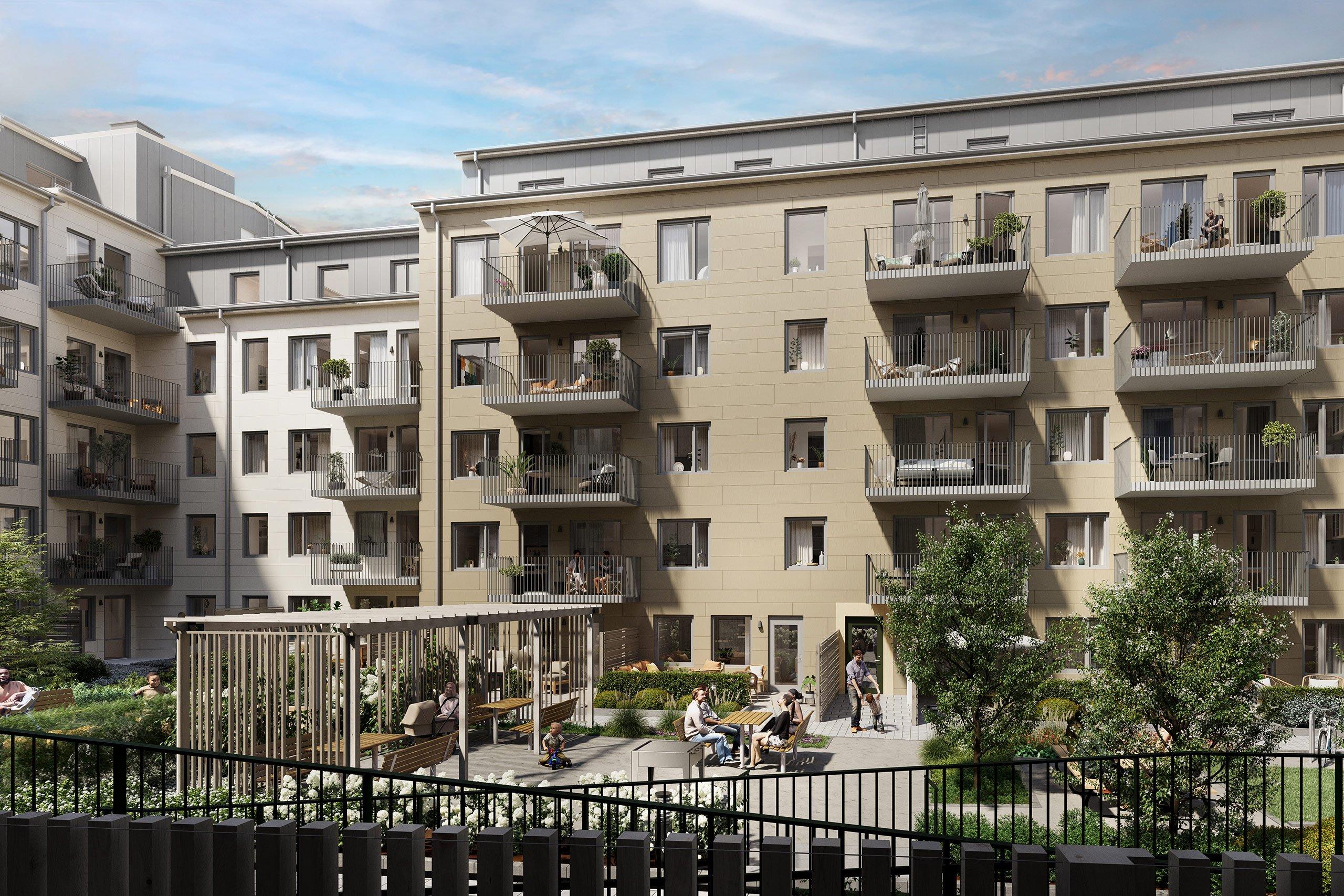 I Kungsliljan bygger vi nyproducerade lägenheter centralt beläget i populära Järvastaden. Ett modernt och barnvänligt kvarter intill skolor, förskolor och Mulle Meck lekpark (visionsbild).